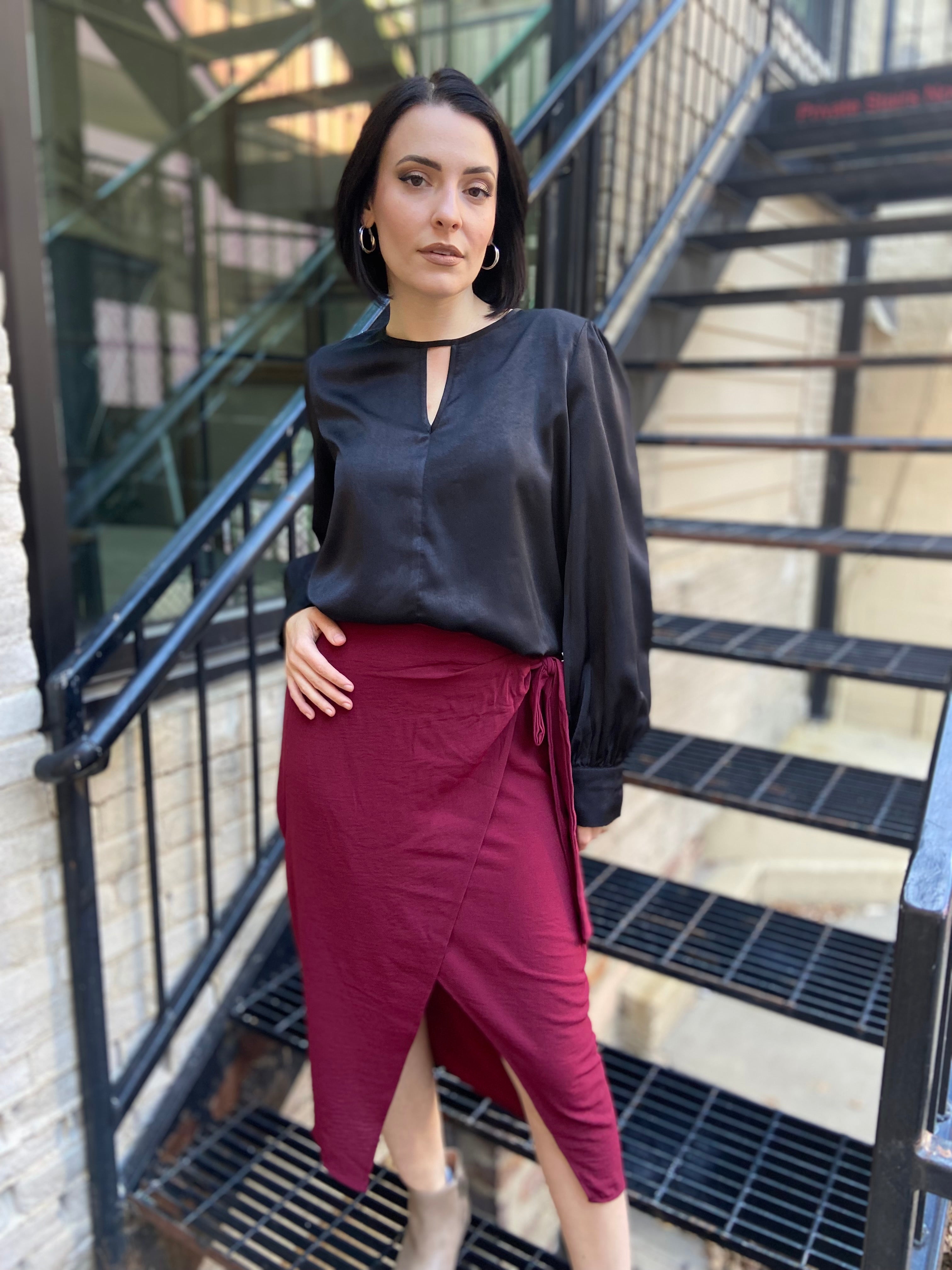 Elijah Burgundy Tie Waist Midi Skirt