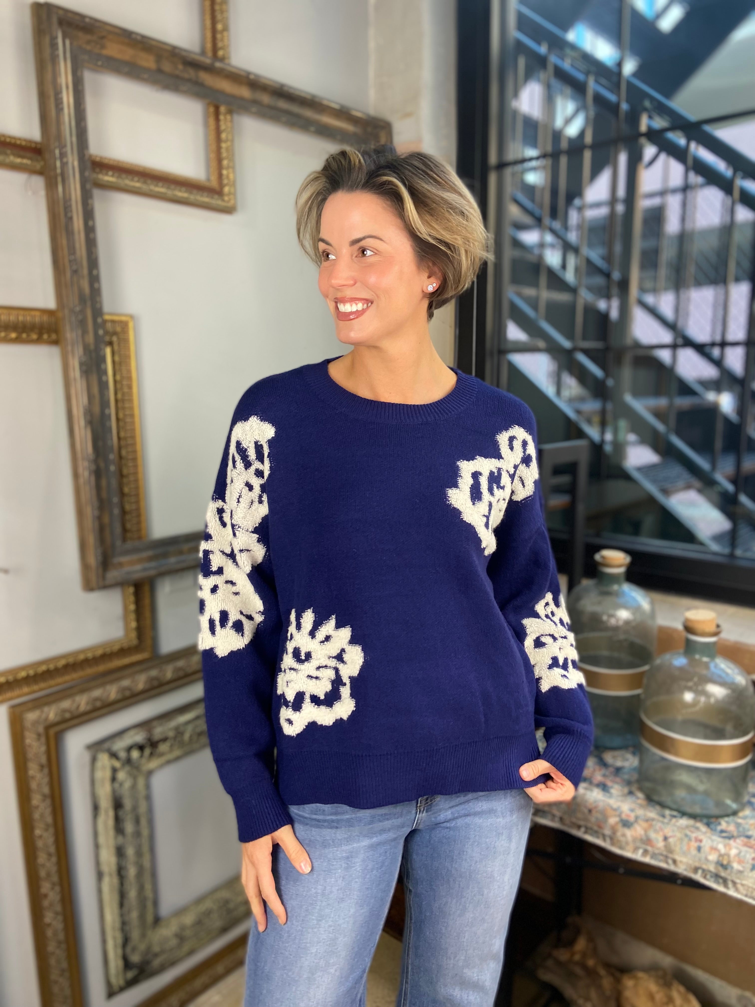 Angel Navy Blue Floral Knit Sweater