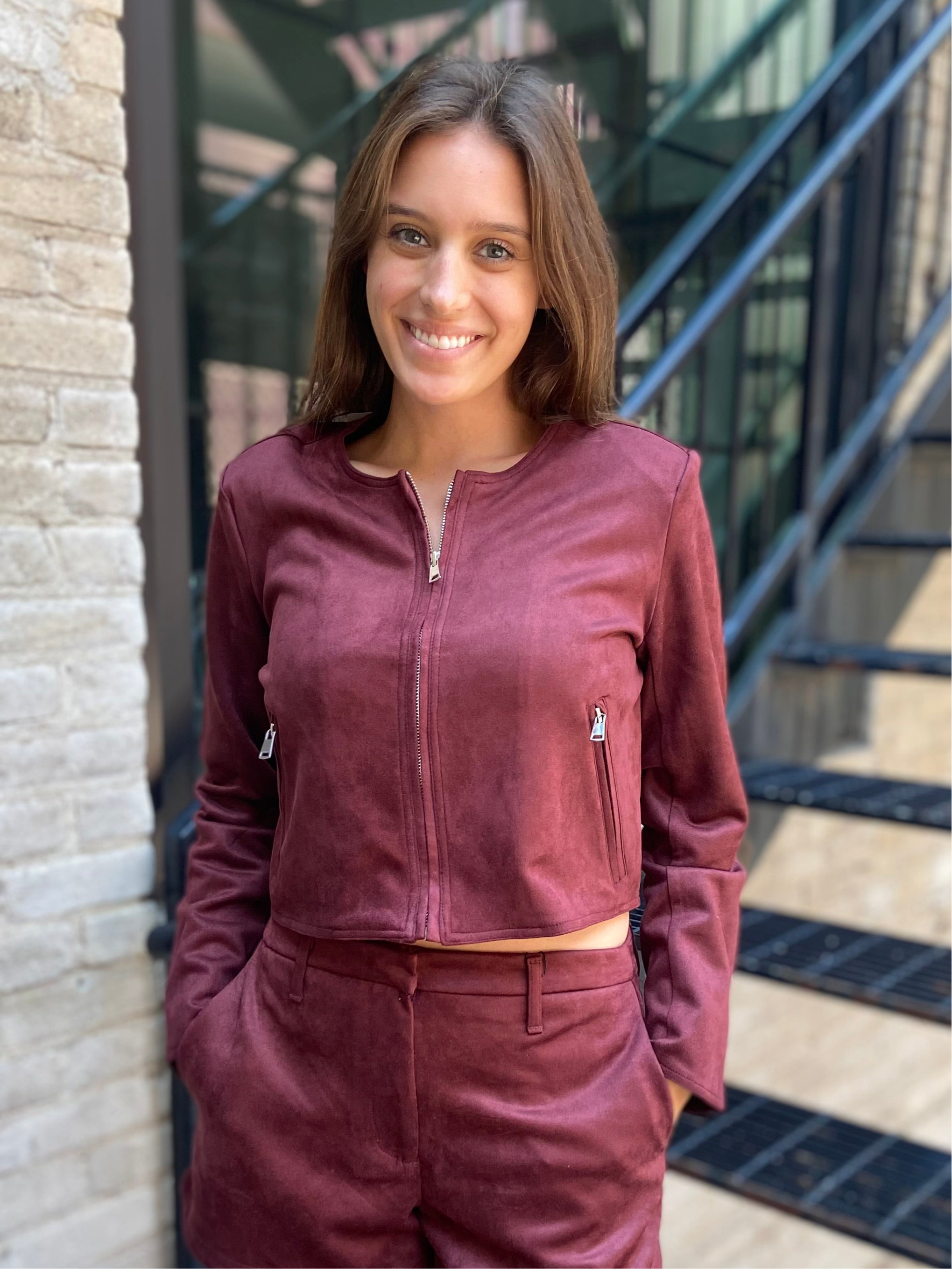 Angela Burgundy Suede Long Sleeve Zip Up Jacket