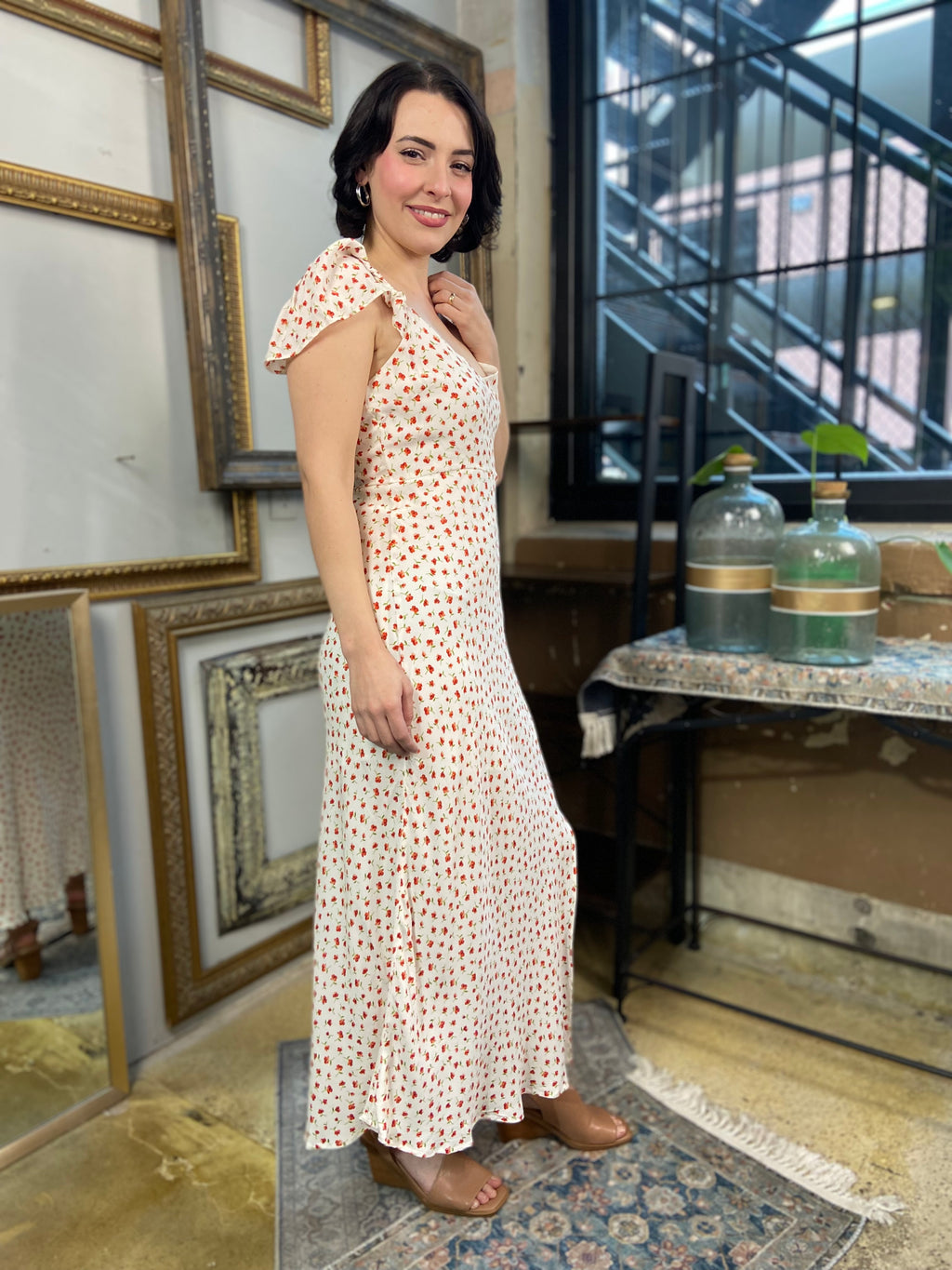 Brooklyn Cream Rose Dainty Slit Midi Dress