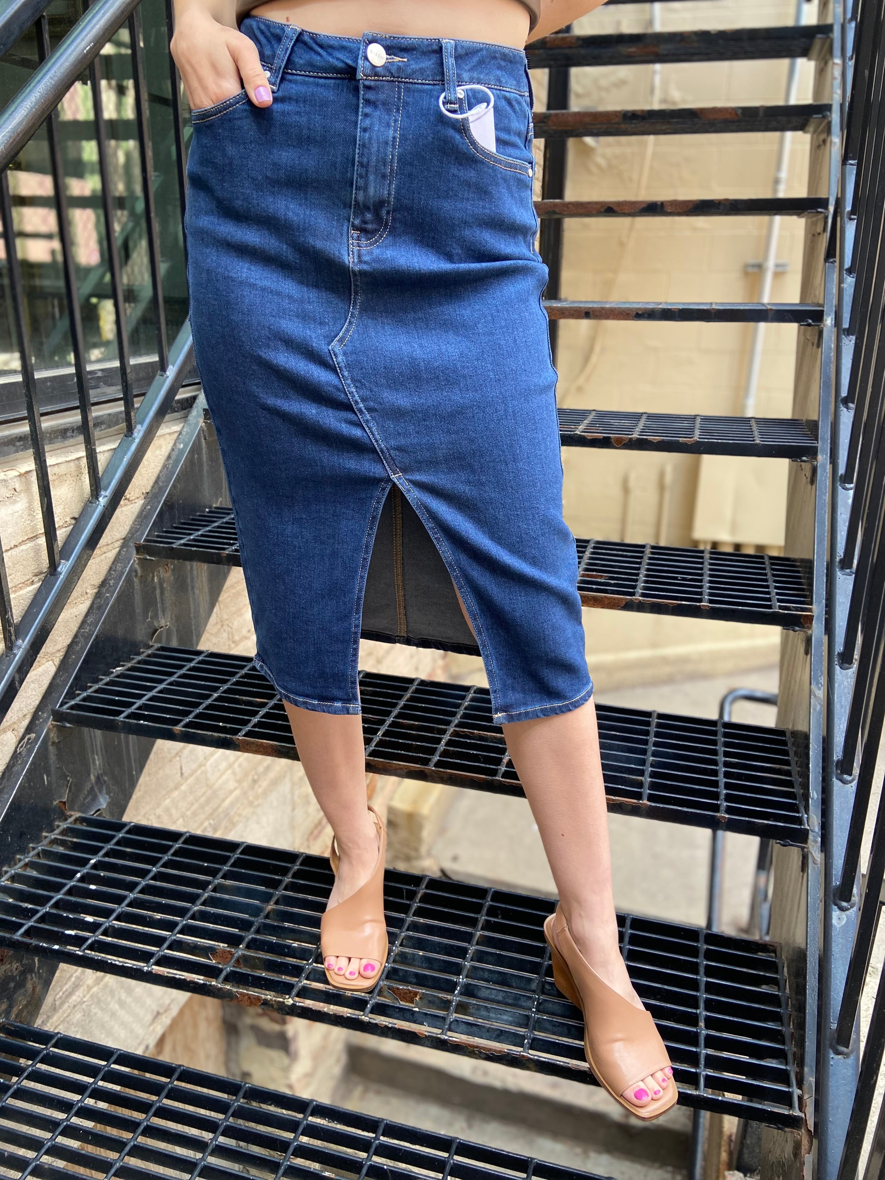 Nanci Dark Wash Midi Risen Jean Skirt
