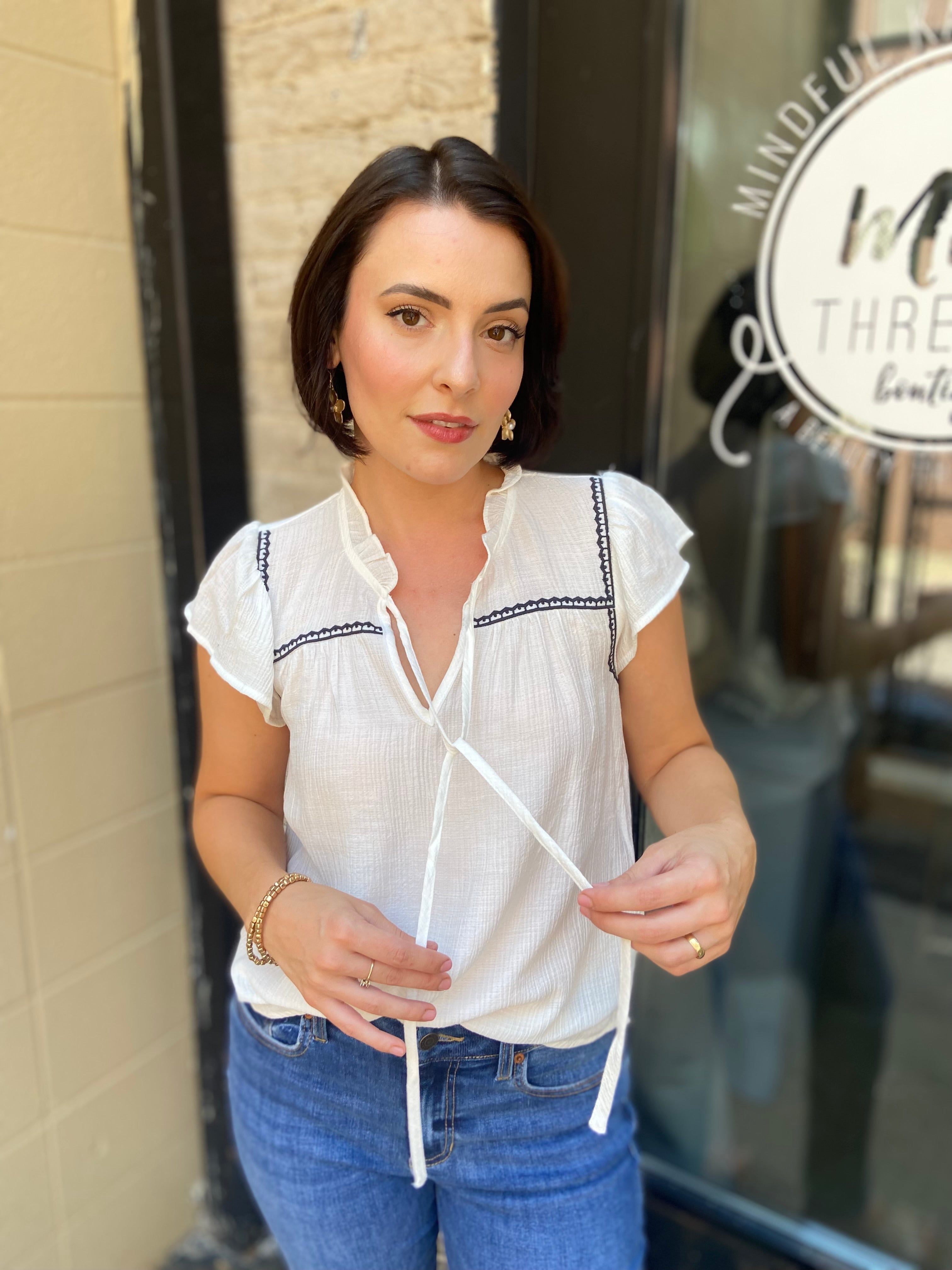 Wilder White & Black Detail Front Tie Top