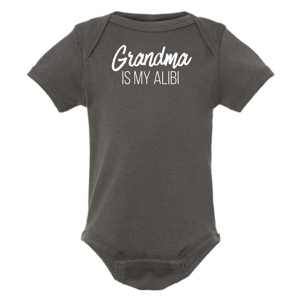 GRANDMA IS MY ALIBI BABY ONESIE: Dusty Rose -6 months