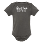 GRANDMA IS MY ALIBI BABY ONESIE: Dusty Rose -6 months