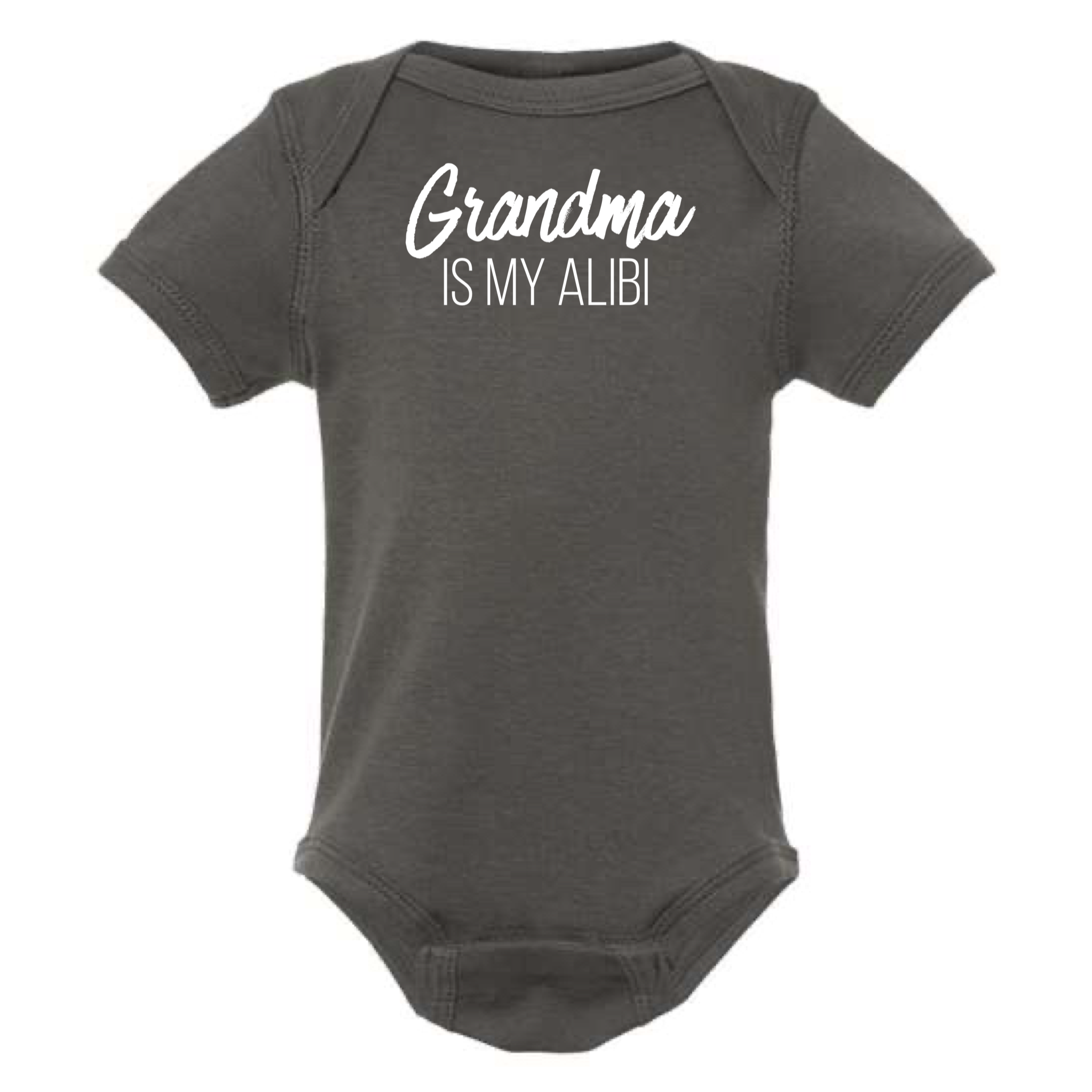 GRANDMA IS MY ALIBI BABY ONESIE: Dusty Rose -6 months