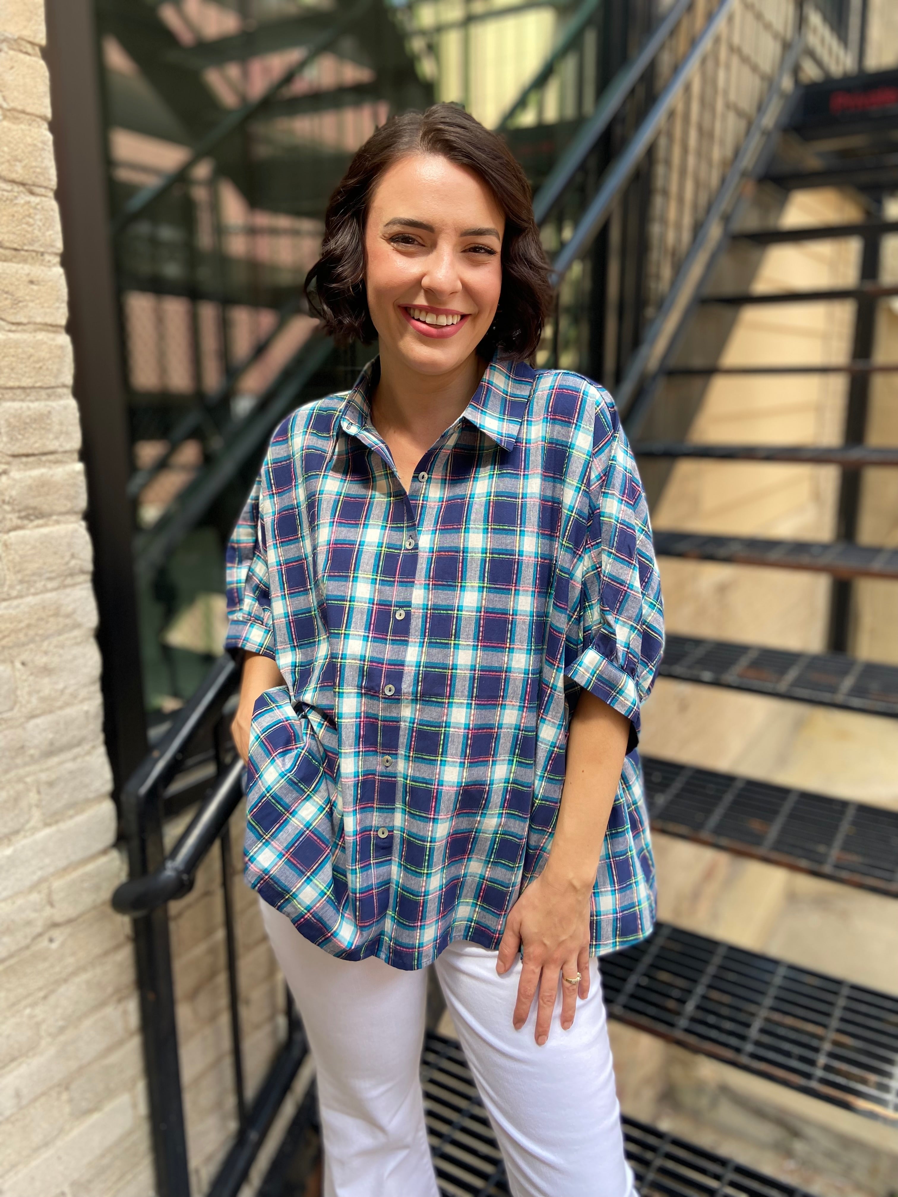 Nance Royal Blue Plaid Drop Shoulder Button Up