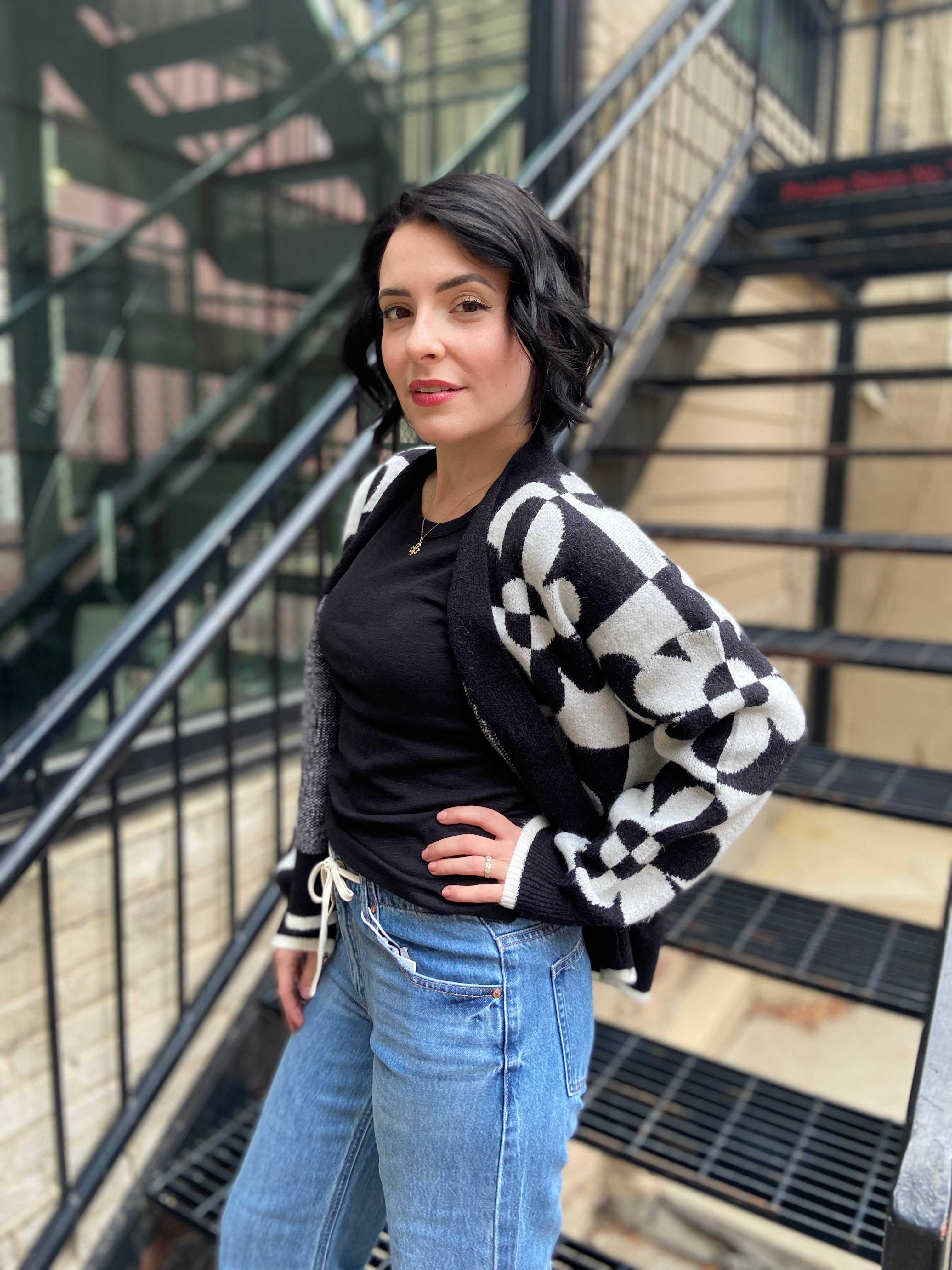 Stephanie Black & White Flower Cardigan