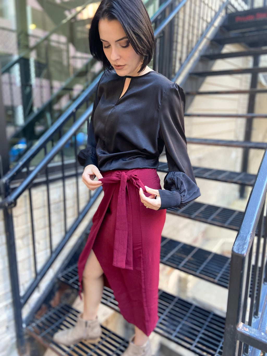 Elijah Burgundy Tie Waist Midi Skirt