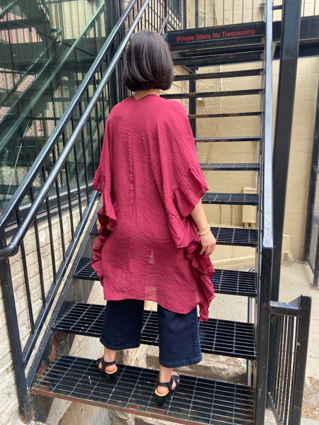 Kaitlee Maroon Thin Ruffle Cardigan