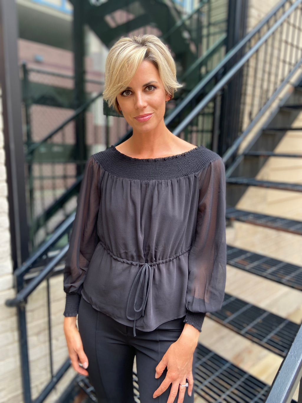 Susan Black Smocked Off Shoulder Long Sleeve Top