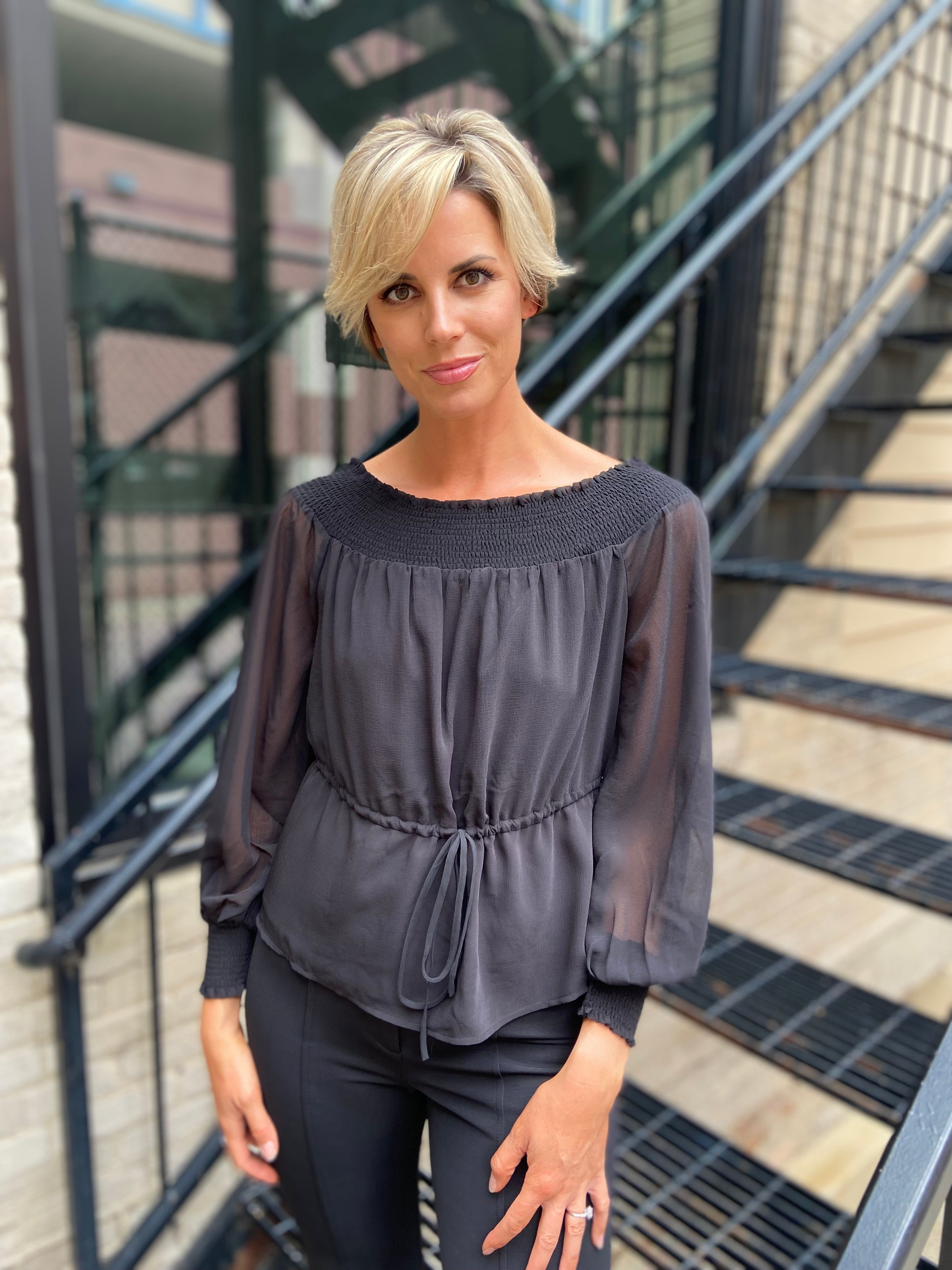 Susan Black Smocked Off Shoulder Long Sleeve Top