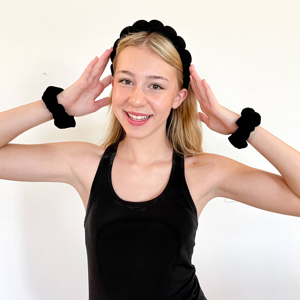 Spa Headband - Skincare Headband & Scrunchie Wristband Set: Black