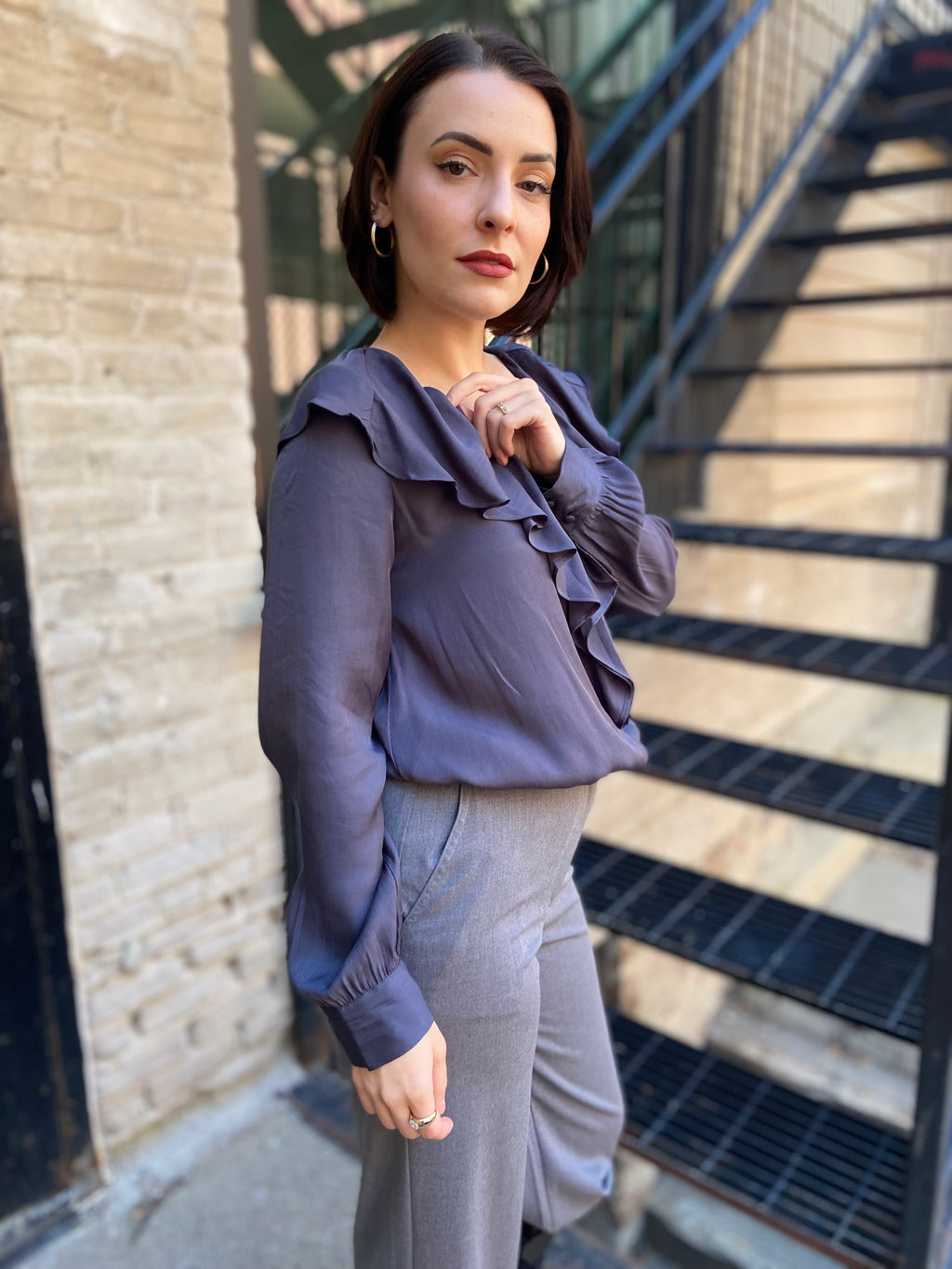 Nicole Charcoal Ruffled V-Neck Long Sleeve Blouse