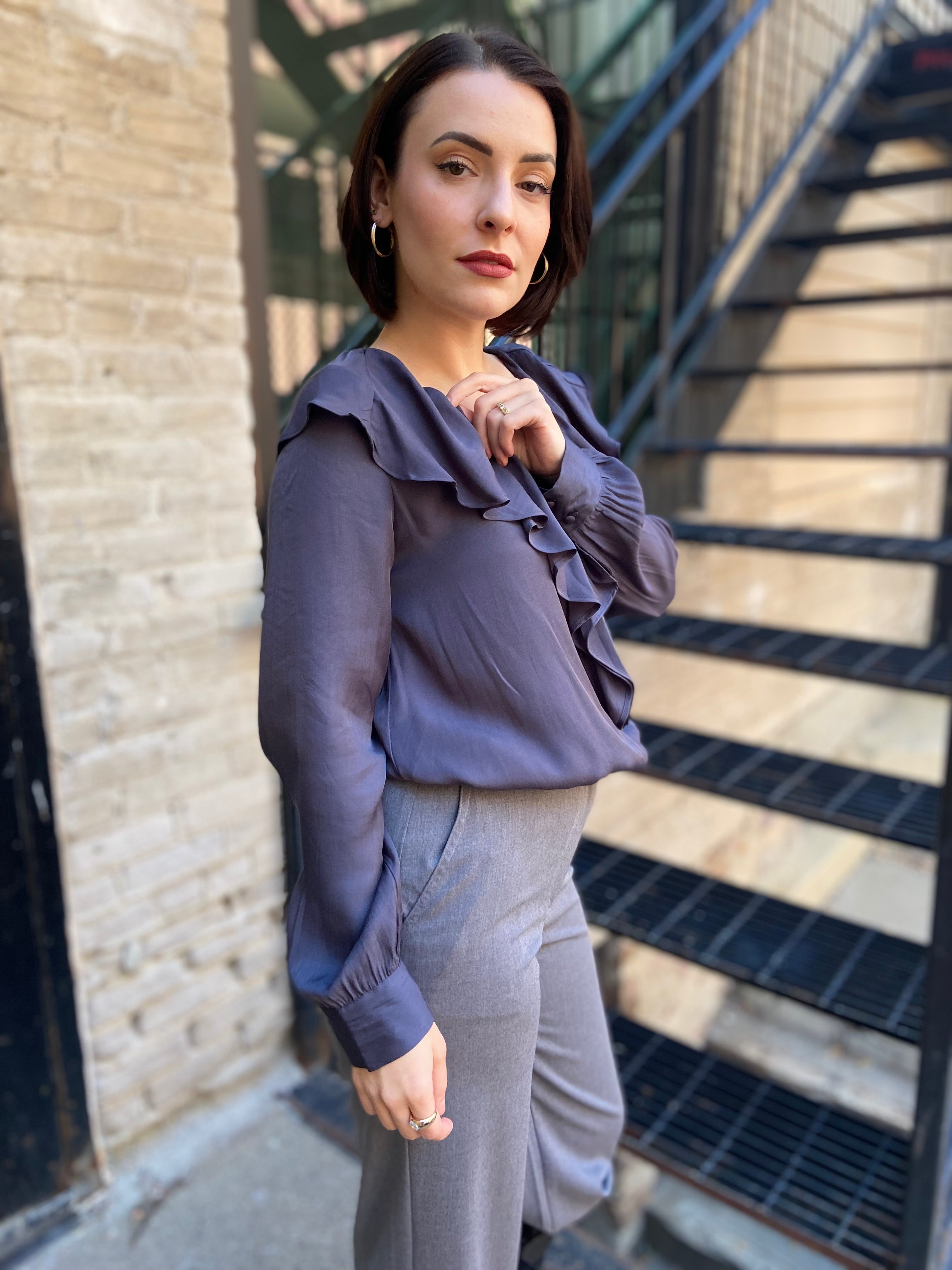 Nicole Charcoal Ruffled V-Neck Long Sleeve Blouse