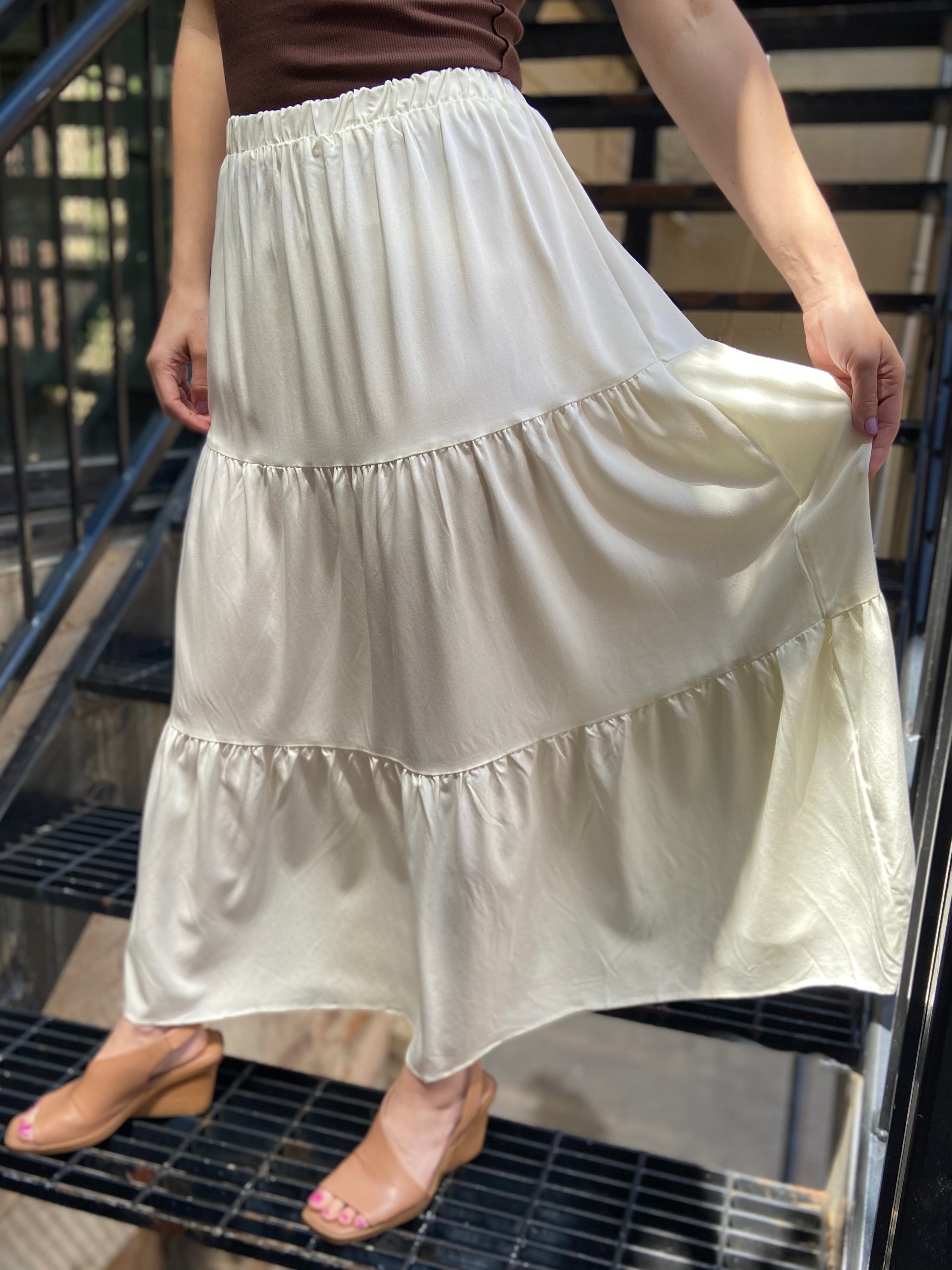 Angela Off White Elastic Tiered Flowy Maxi Skirt - MK Threads Boutique