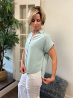 Celeste Sage Collard Cuffed Linen Top - MK Threads Boutique