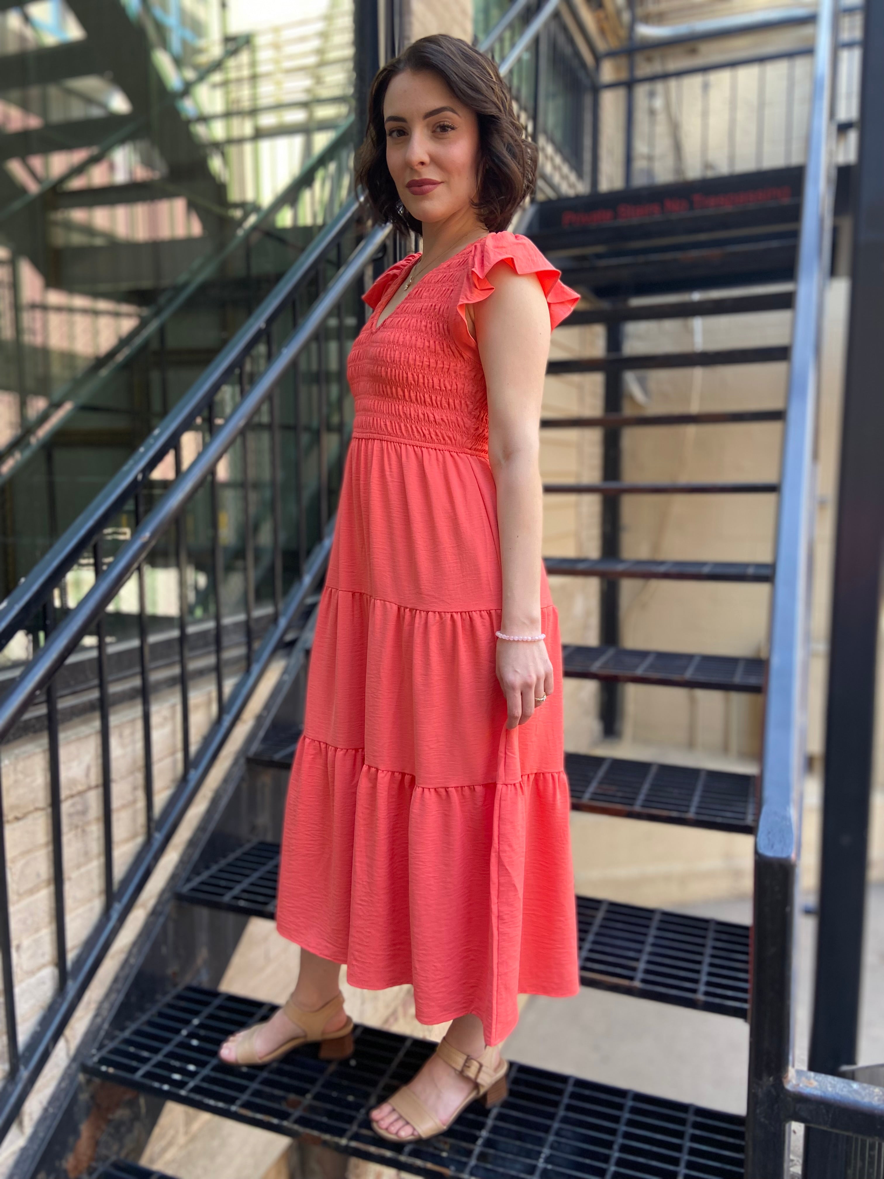 Arianna Coral Flutter Sleeve Maxi Dress