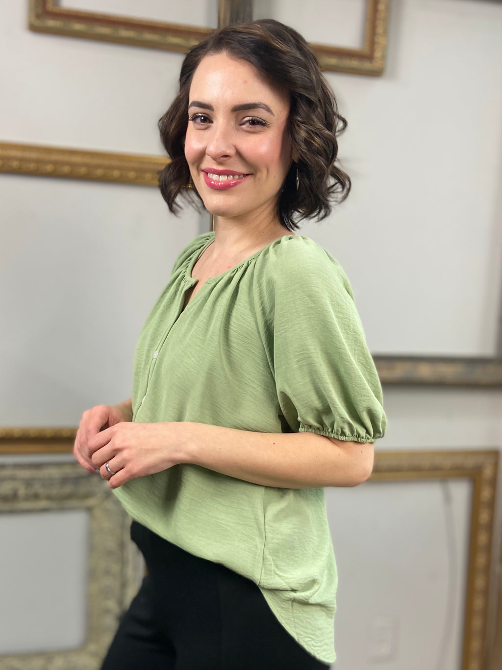 Abbi Sage Green Puff Short Sleeve Button Up - MK Threads Boutique