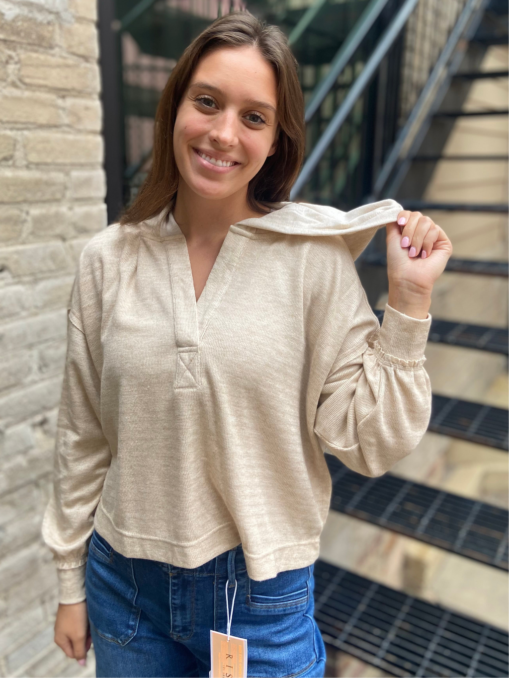 Court Taupe Hooded V-Neck Sweater