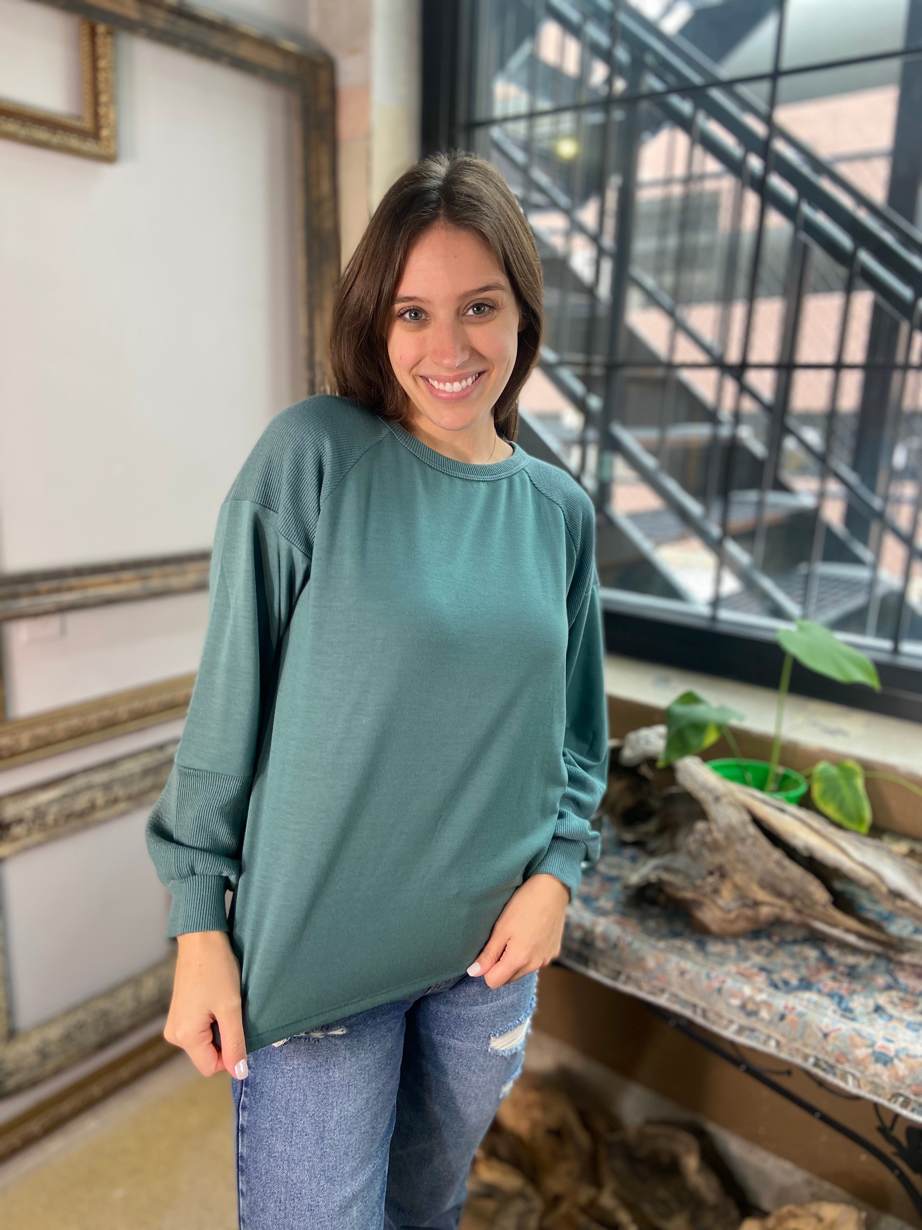 Olander Dusty Teal Wide Crew Neck Long Sleeve