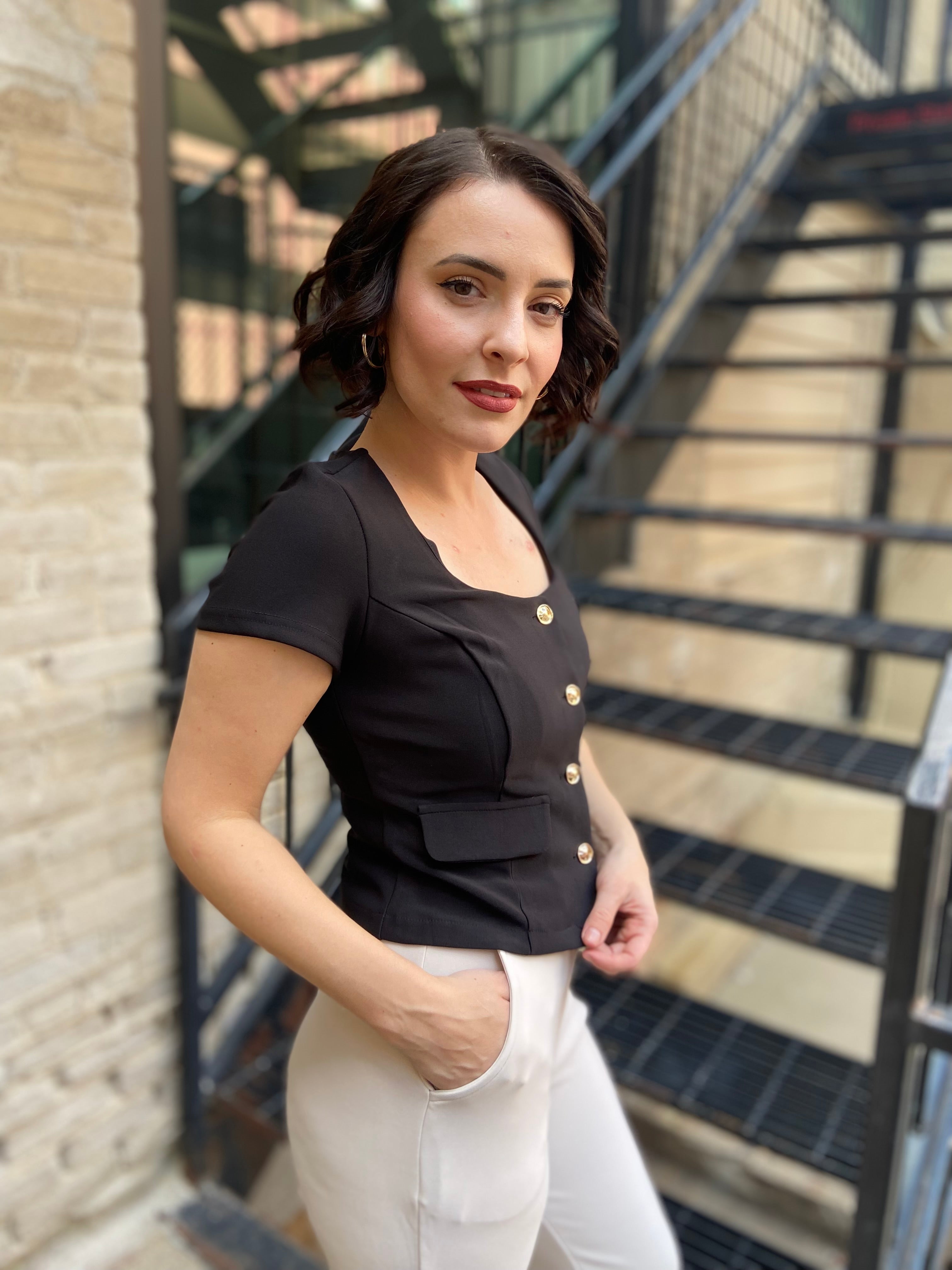 Paige Black Short Sleeve Gold Button Top