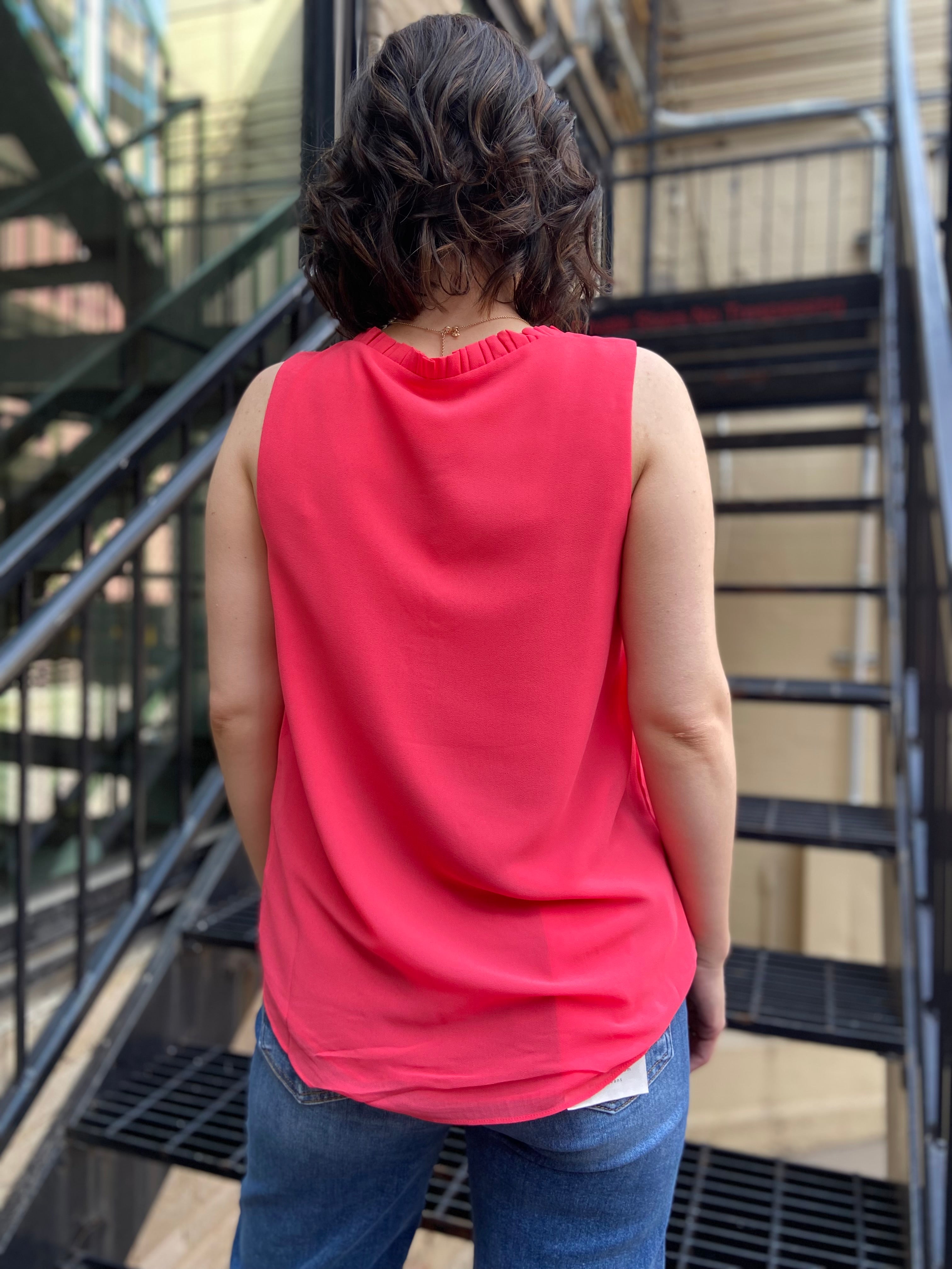 Larissa Watermelon Pleated Ruffle V- Neck Top