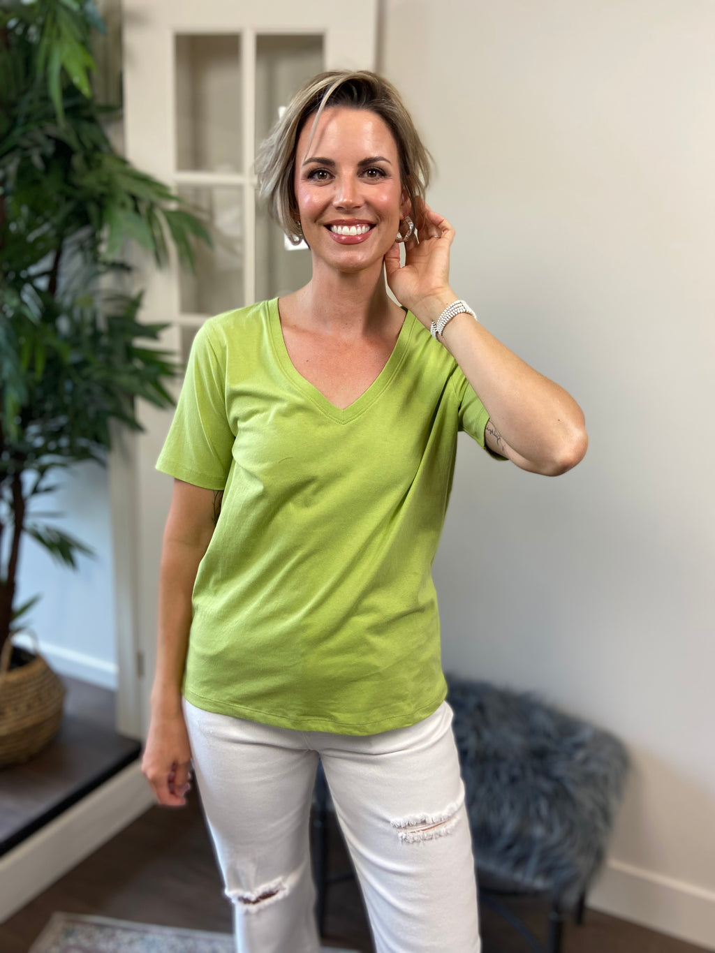 Hallie Light Olive V Neck Short Sleeve Top - MK Threads Boutique