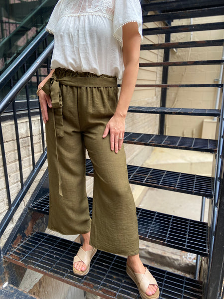 Vesper Olive Front Tie Cropped Pants
