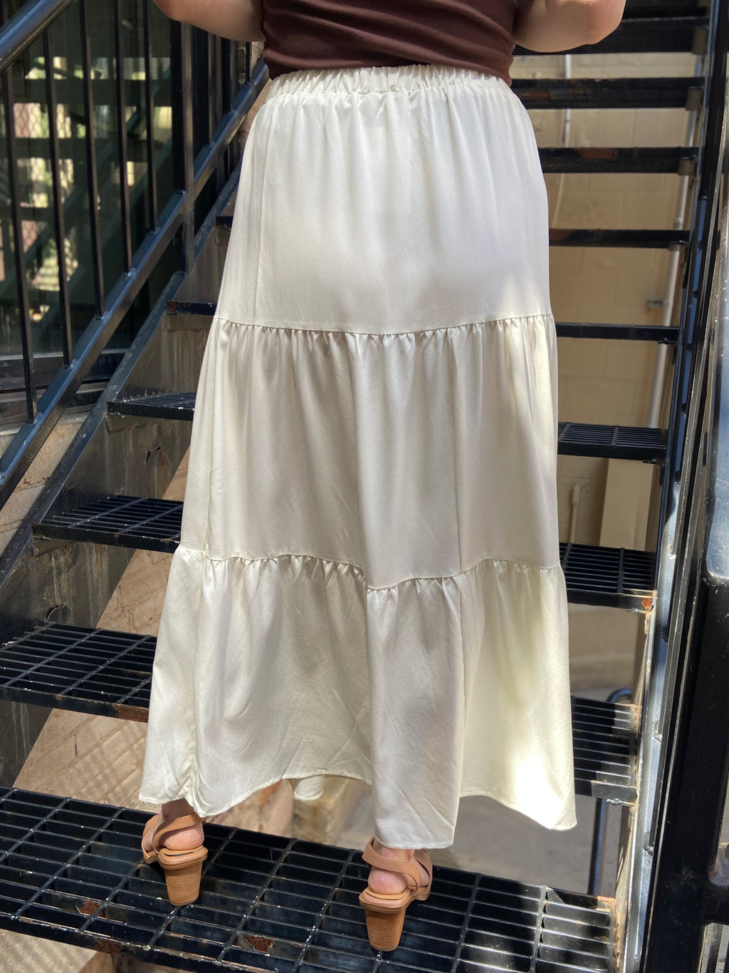 Angela Off White Elastic Tiered Flowy Maxi Skirt - MK Threads Boutique