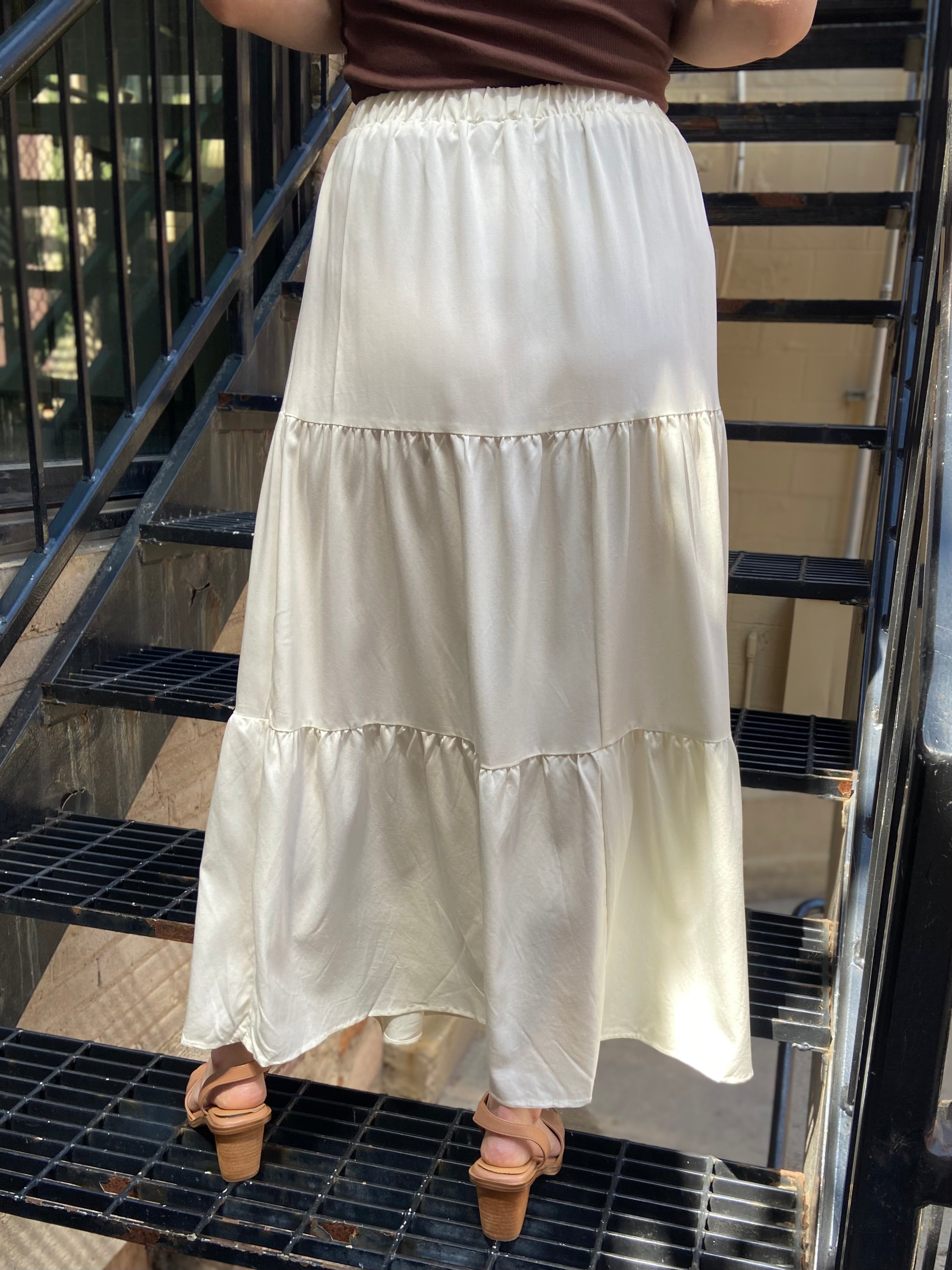 Angela Off White Elastic Tiered Flowy Maxi Skirt - MK Threads Boutique