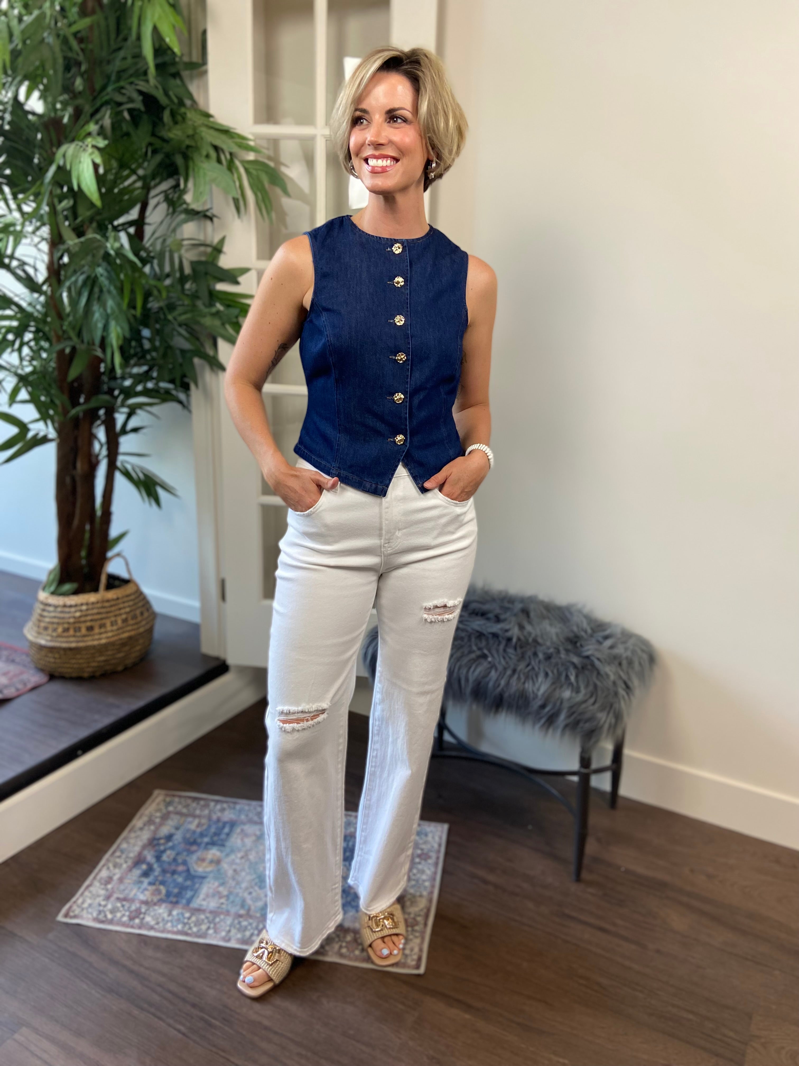 Ezra Dark Wash Denim Gold Button Detail Vest - MK Threads Boutique