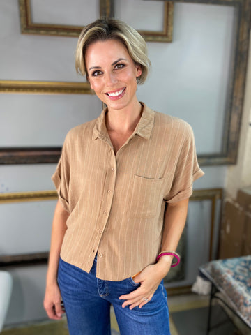 Cobri Taupe Oversized  Striped Button Down Top