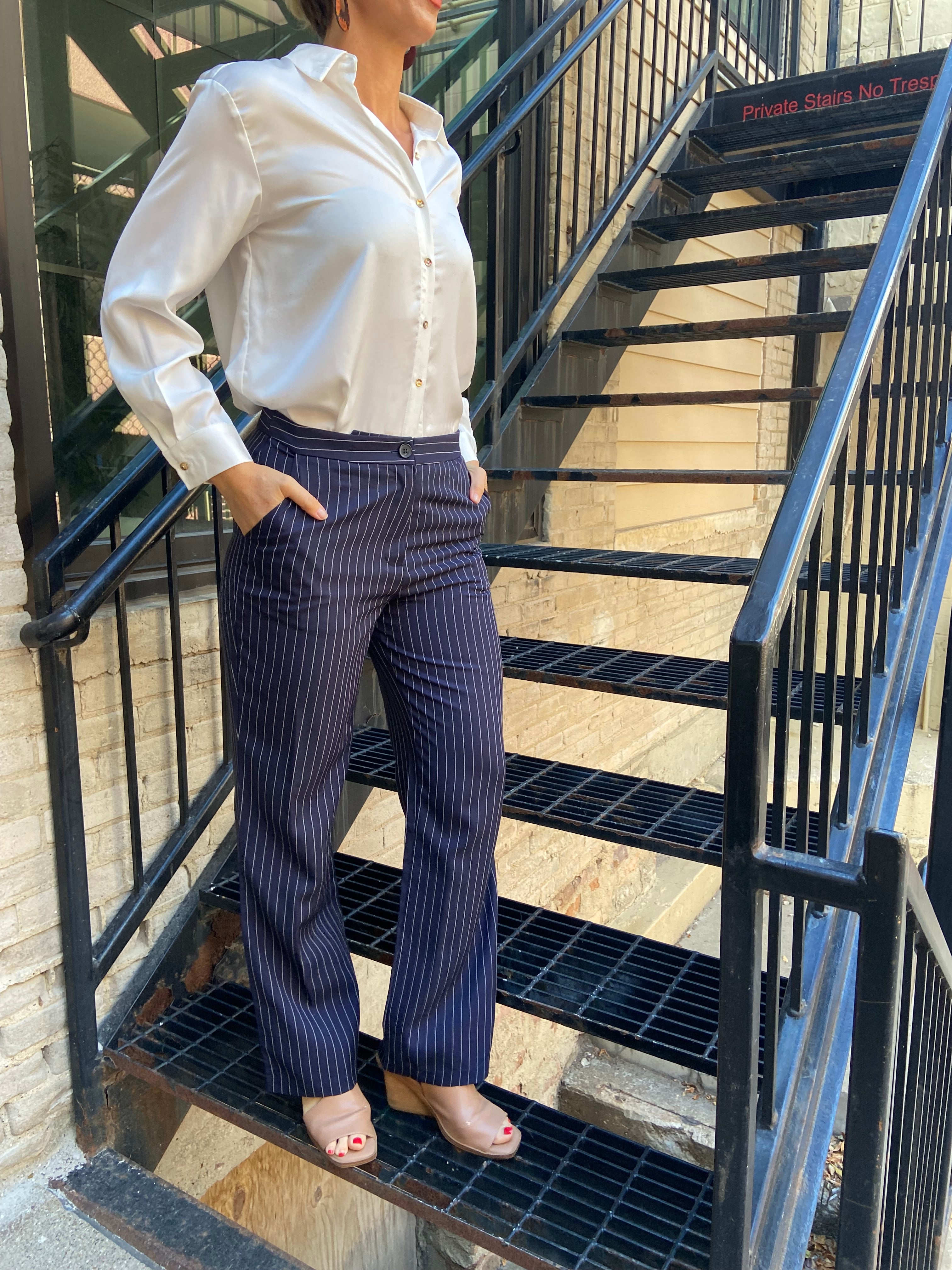 Cally Navy Straight Leg Striped Trousers