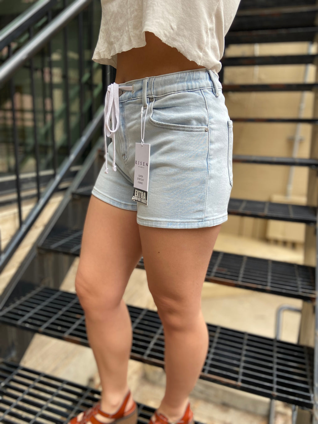Allie Light Wash Elastic Tie Risen Jean Shorts