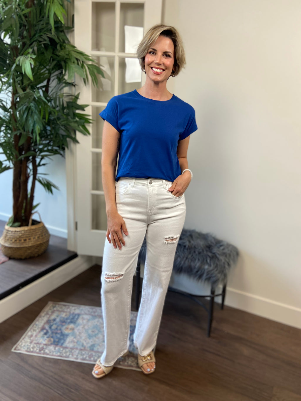 Mara Navy Blue Cuff Sleeve Shirt - MK Threads Boutique
