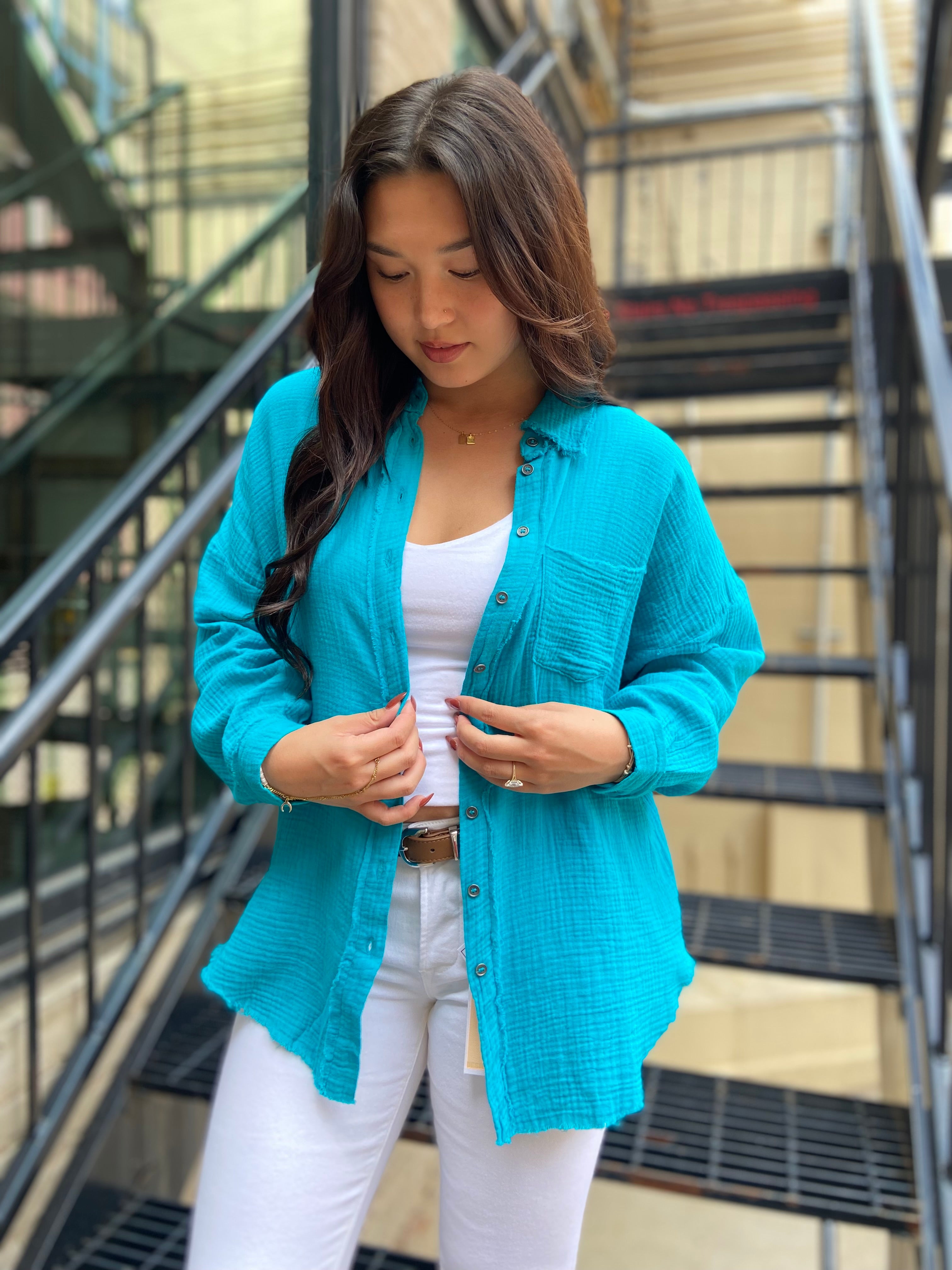 Jeramy Light Teal Waffle Button Up
