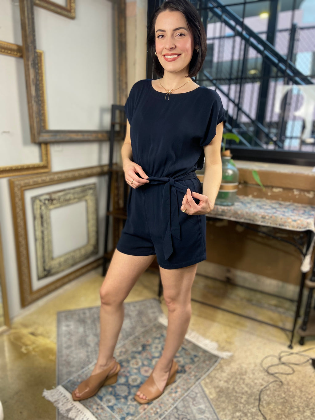 Alexa Dark Navy Boat Neck Romper