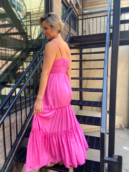 Eleanor Bubble Gum Pink Silk Maxi Dress