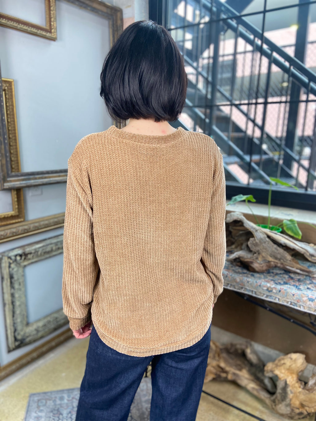 Kayla Deep Camel Chenille Waffle Round Neck Sweater