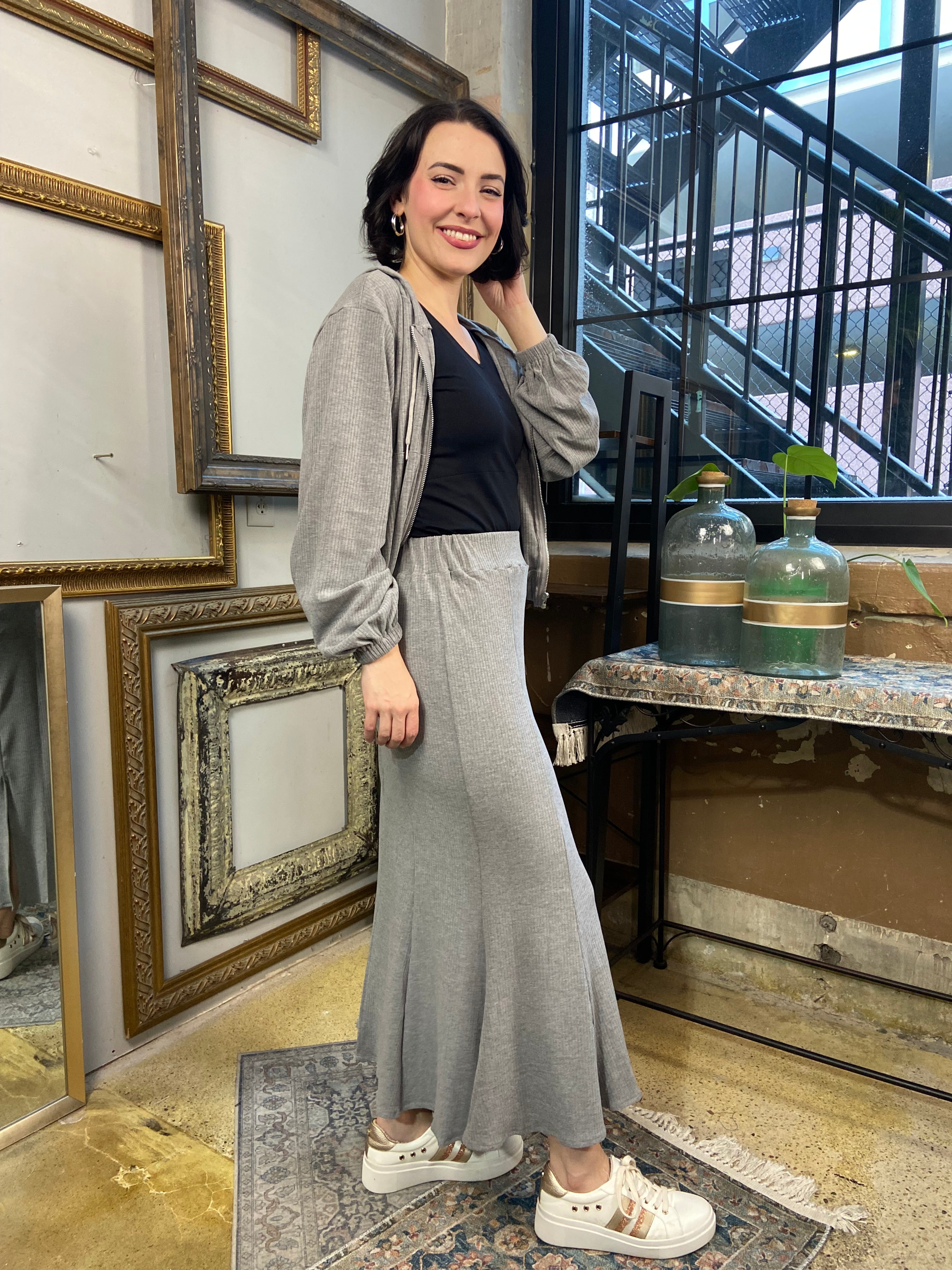 Olivia Gray Ribbed Crop Zip Up & Midi Skirt Set - MK Threads Boutique