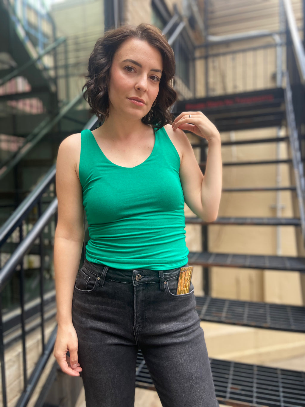 Rula Green Double Line V Neck Tank Top - MK Threads Boutique
