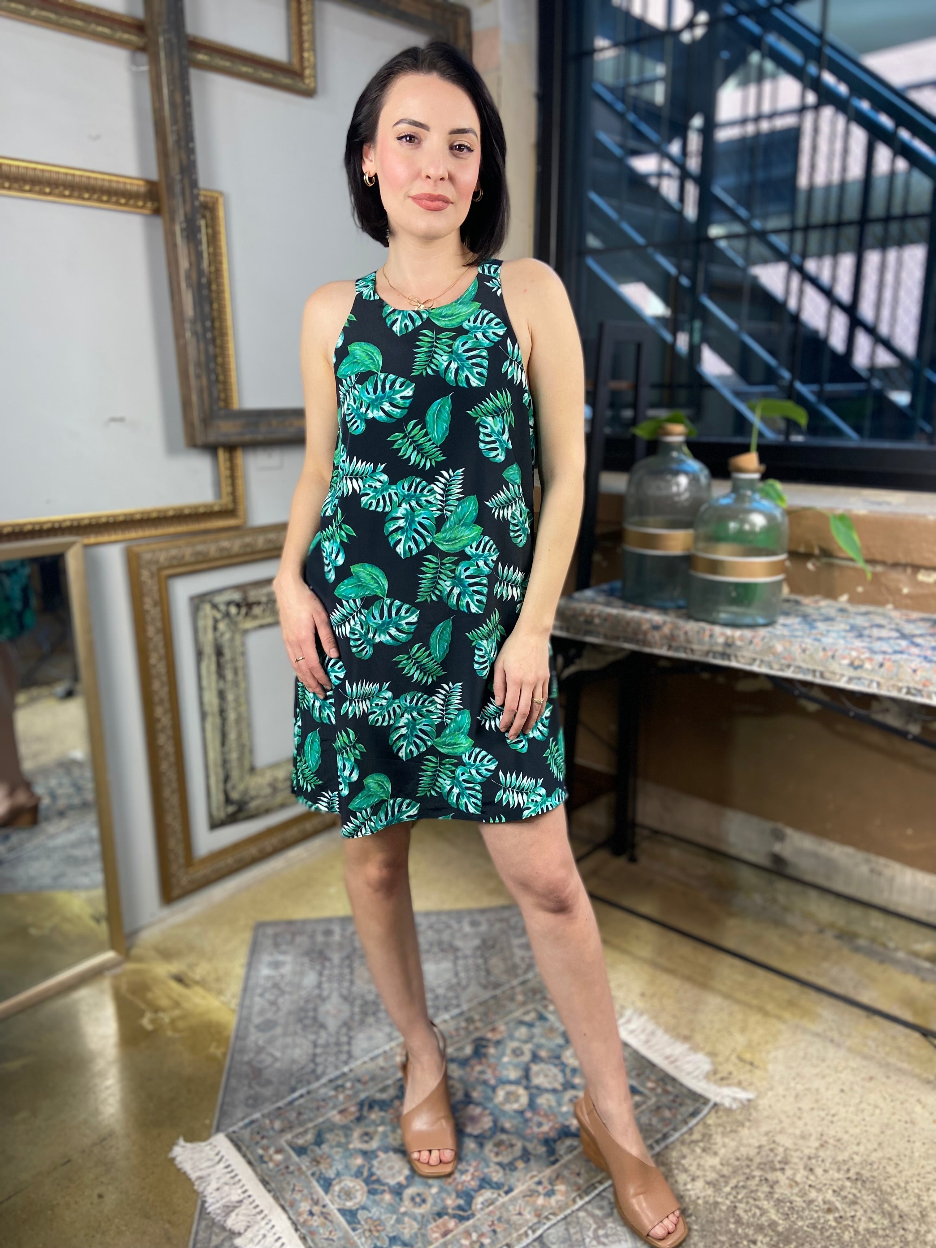 Angelina Black Tropical Print Halter Dress