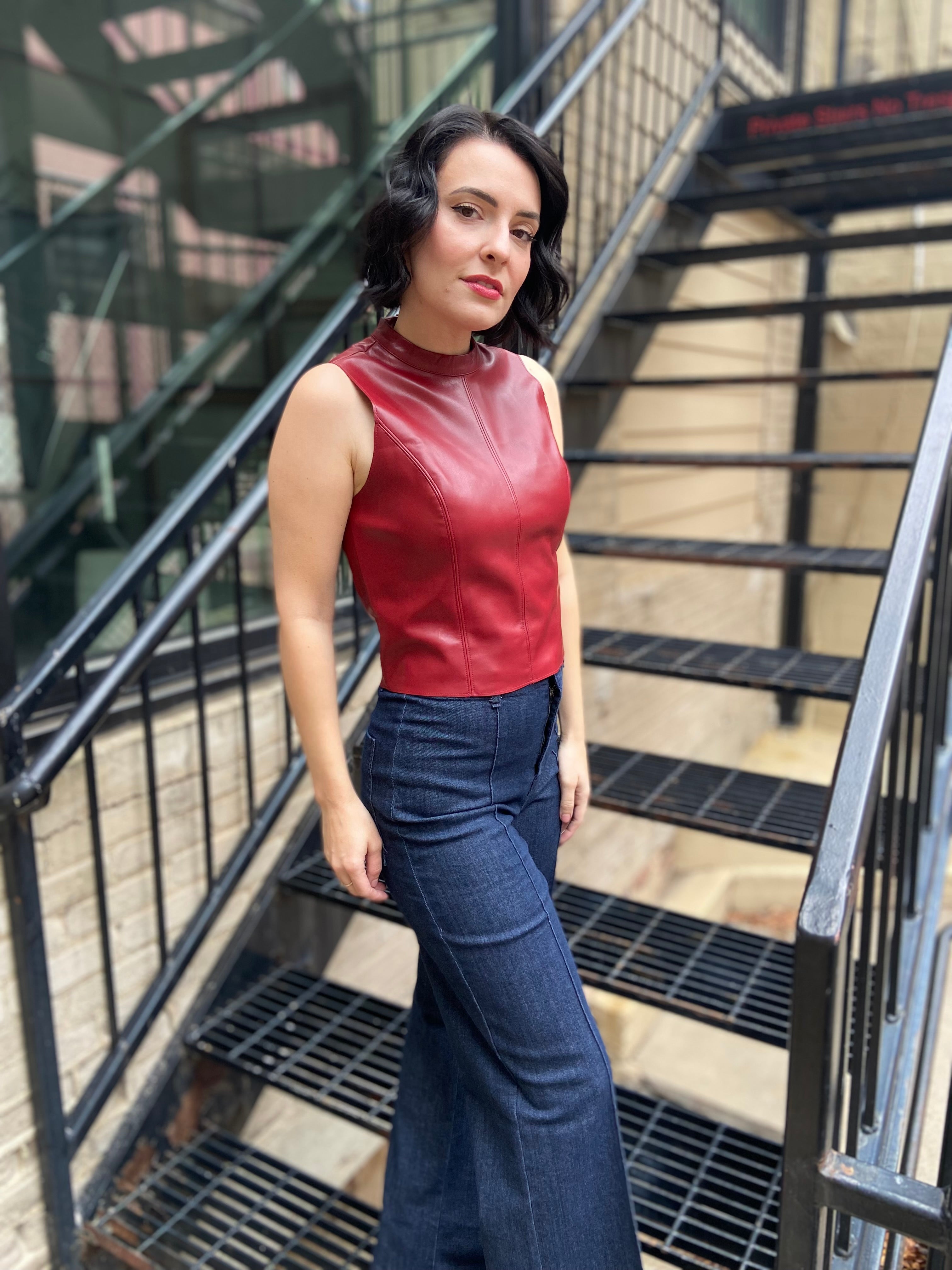 Mary Burgundy Vegan Leather Mock Neck Sleeveless Top