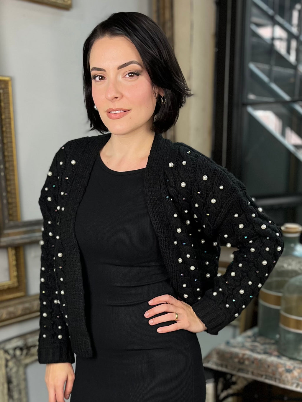 Sadie Black Knit Rhinestone Cardigan