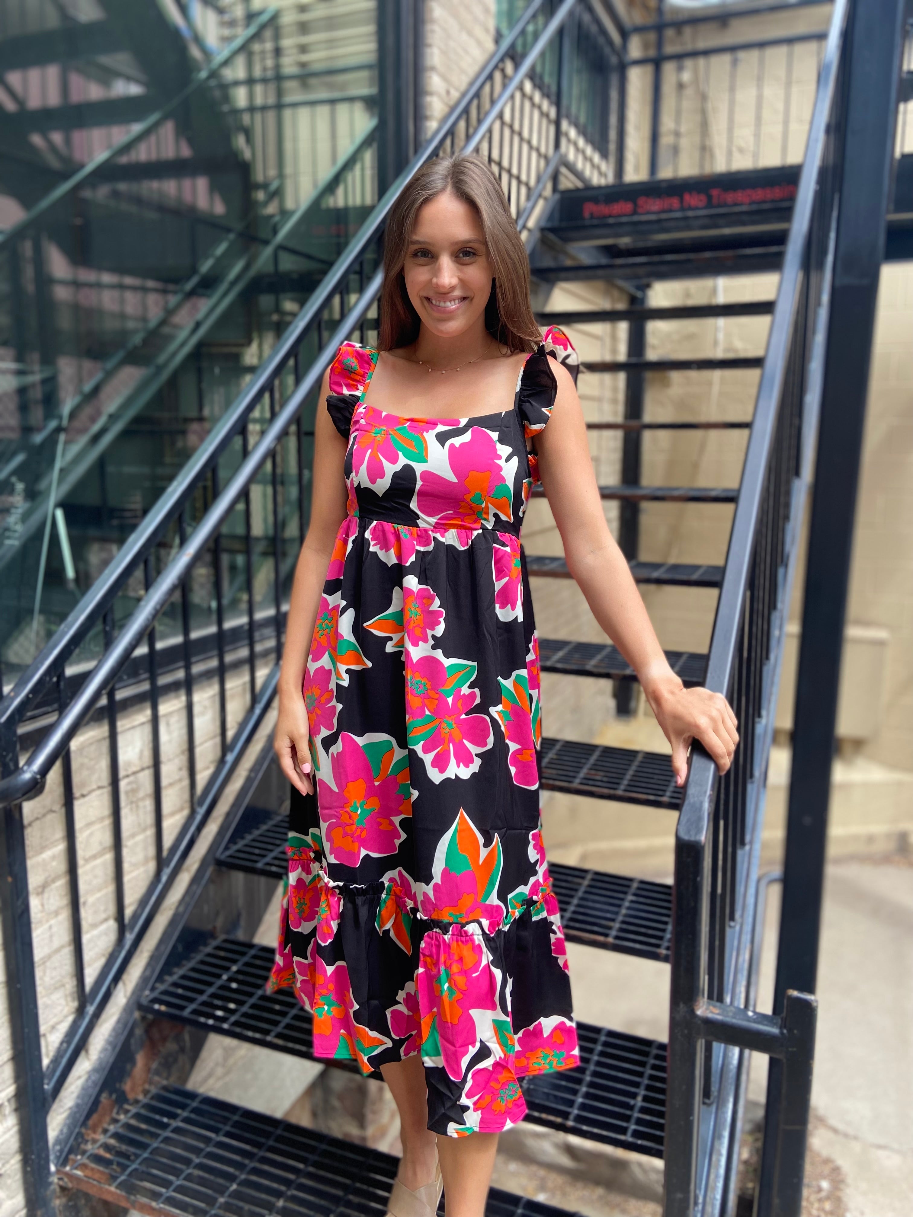 Zuri Black Floral Print Ruffle Midi Dress