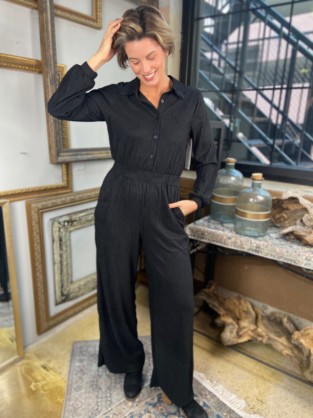 Lillie Black Long Sleeve Button Up Crinkle Jumpsuit