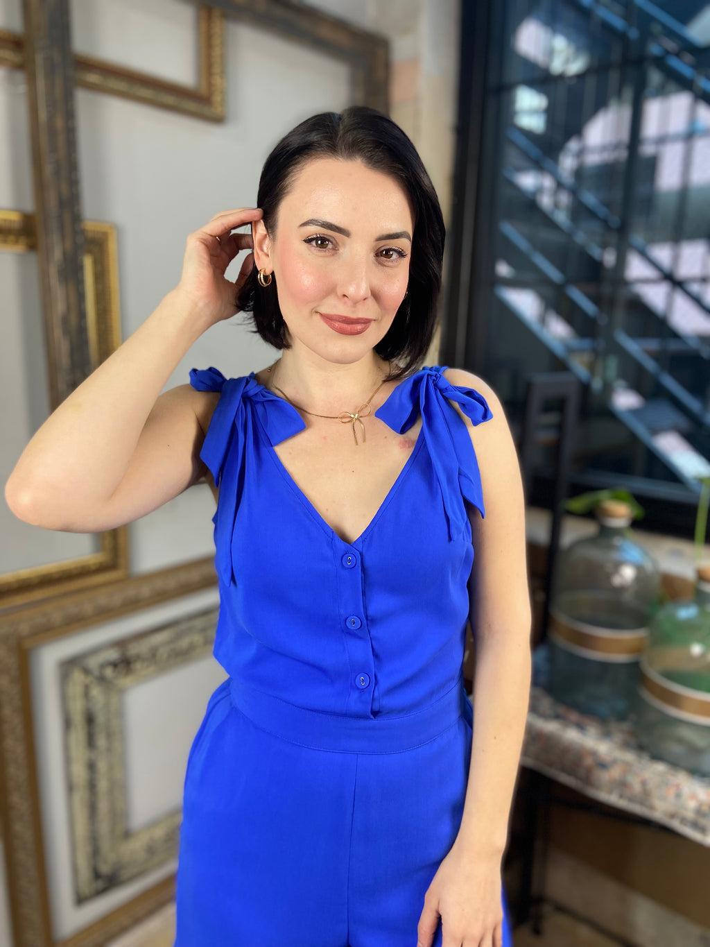 Cynthia Capri Blue Shoulder Knot Sleeveless Romper