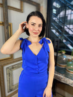 Cynthia Capri Blue Shoulder Knot Sleeveless Romper