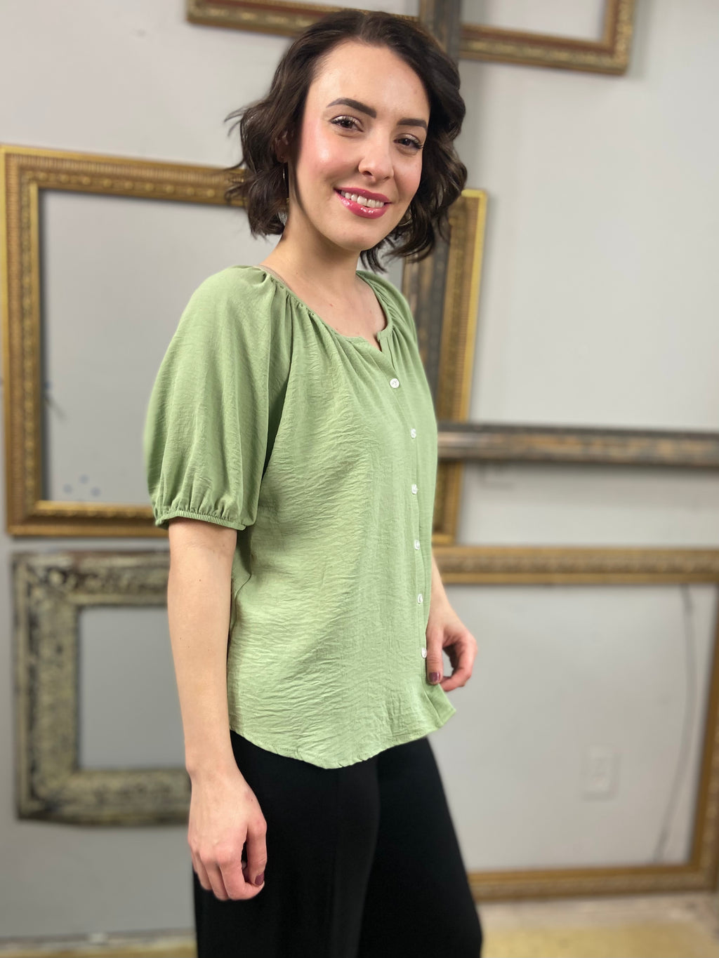 Abbi Sage Green Puff Short Sleeve Button Up - MK Threads Boutique