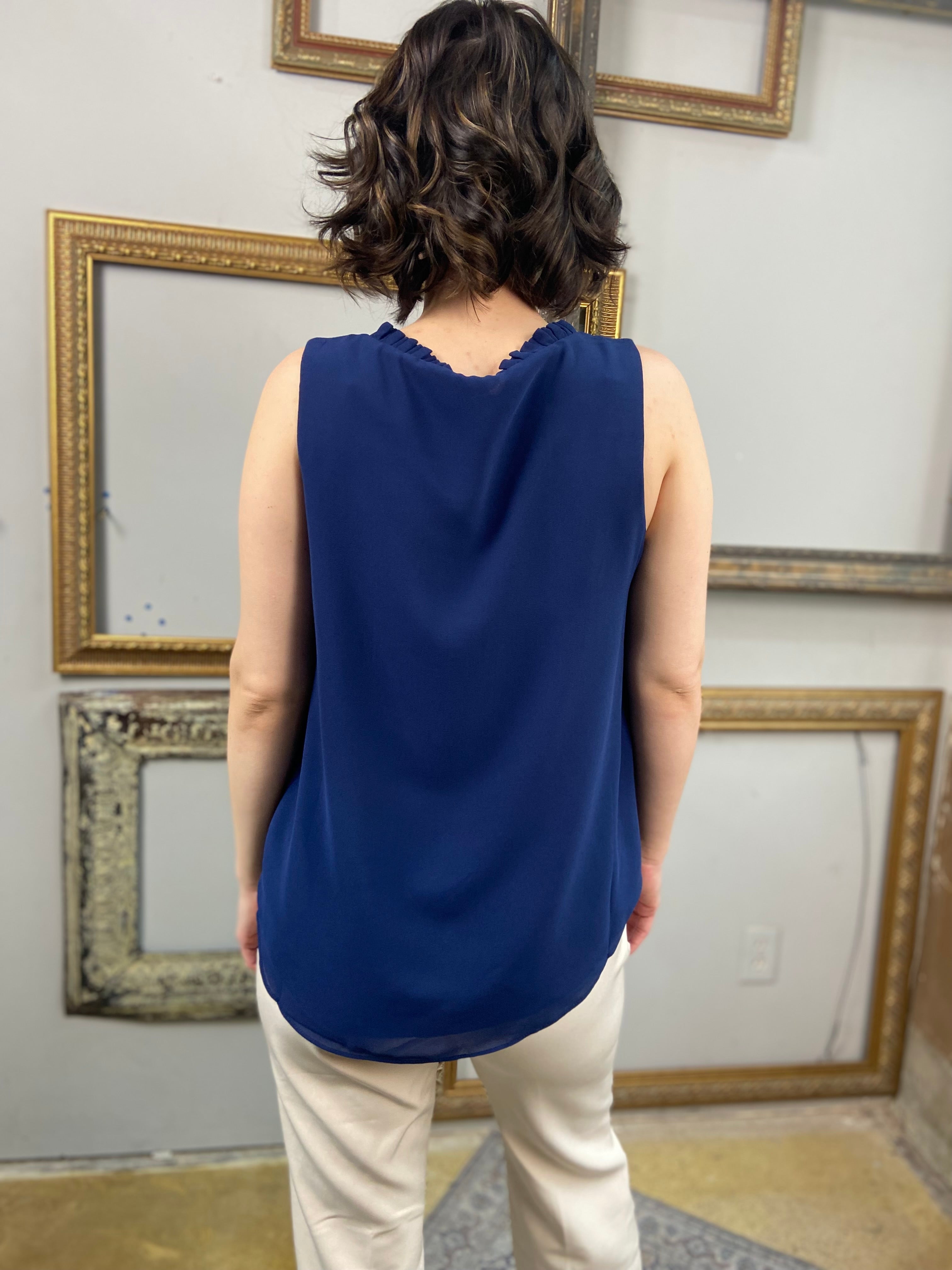 Larissa Navy Blue Pleated Ruffle V- Neck Top - MK Threads Boutique